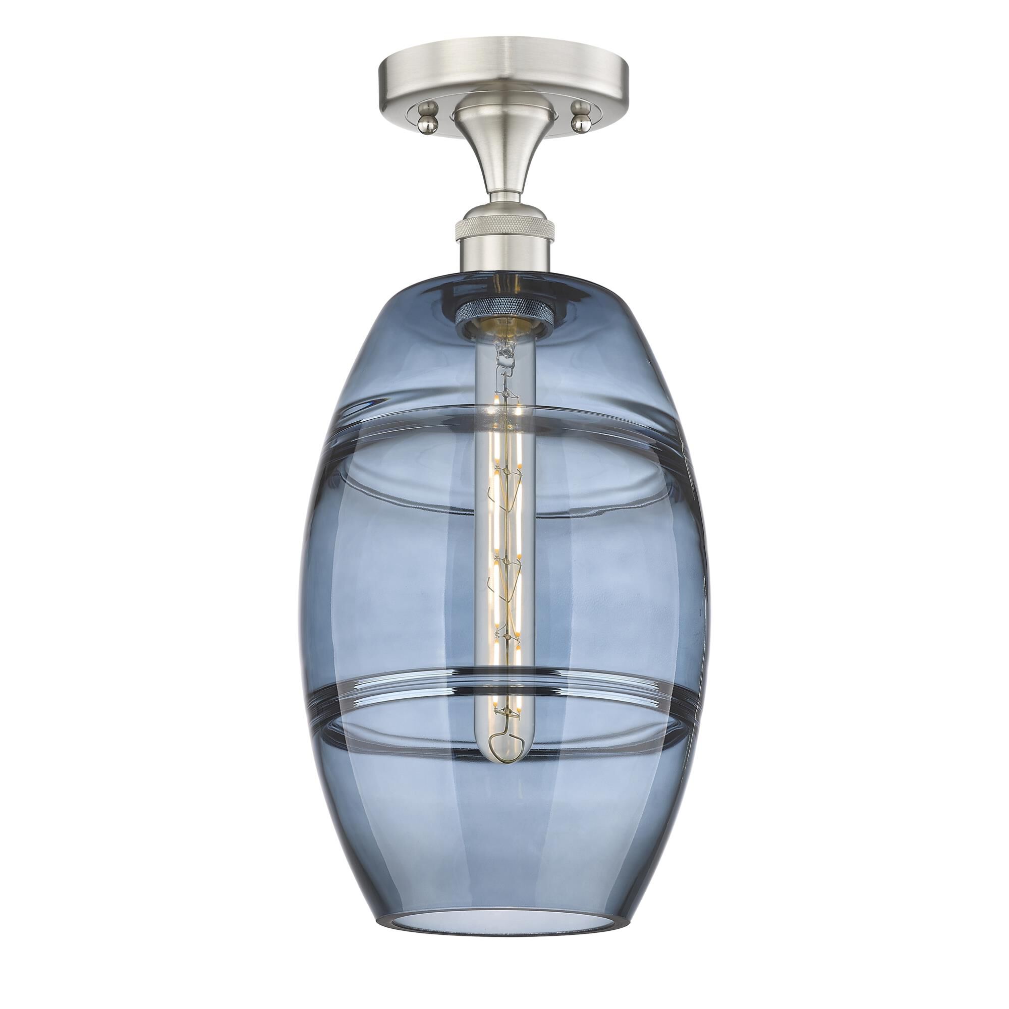 Shown in Brushed Satin Nickel finish and Princess Blue glass