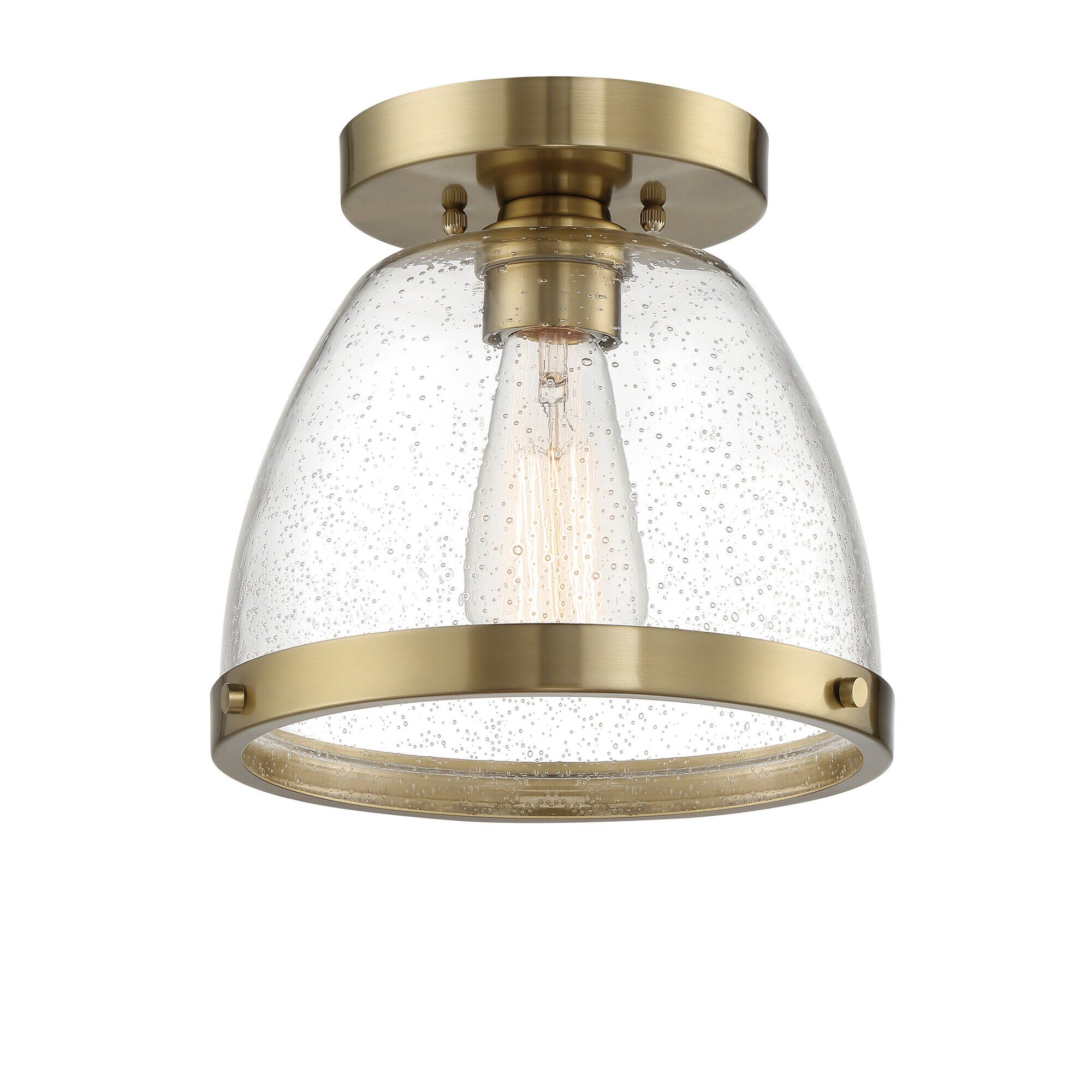 Shown in Satin Brass finish and Clear Seeded glass and Glass shade