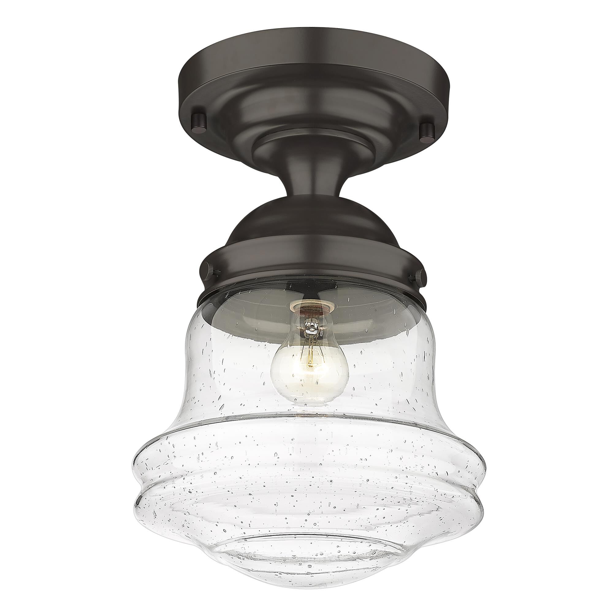 Shown in Bronze finish and Clear Seedy glass