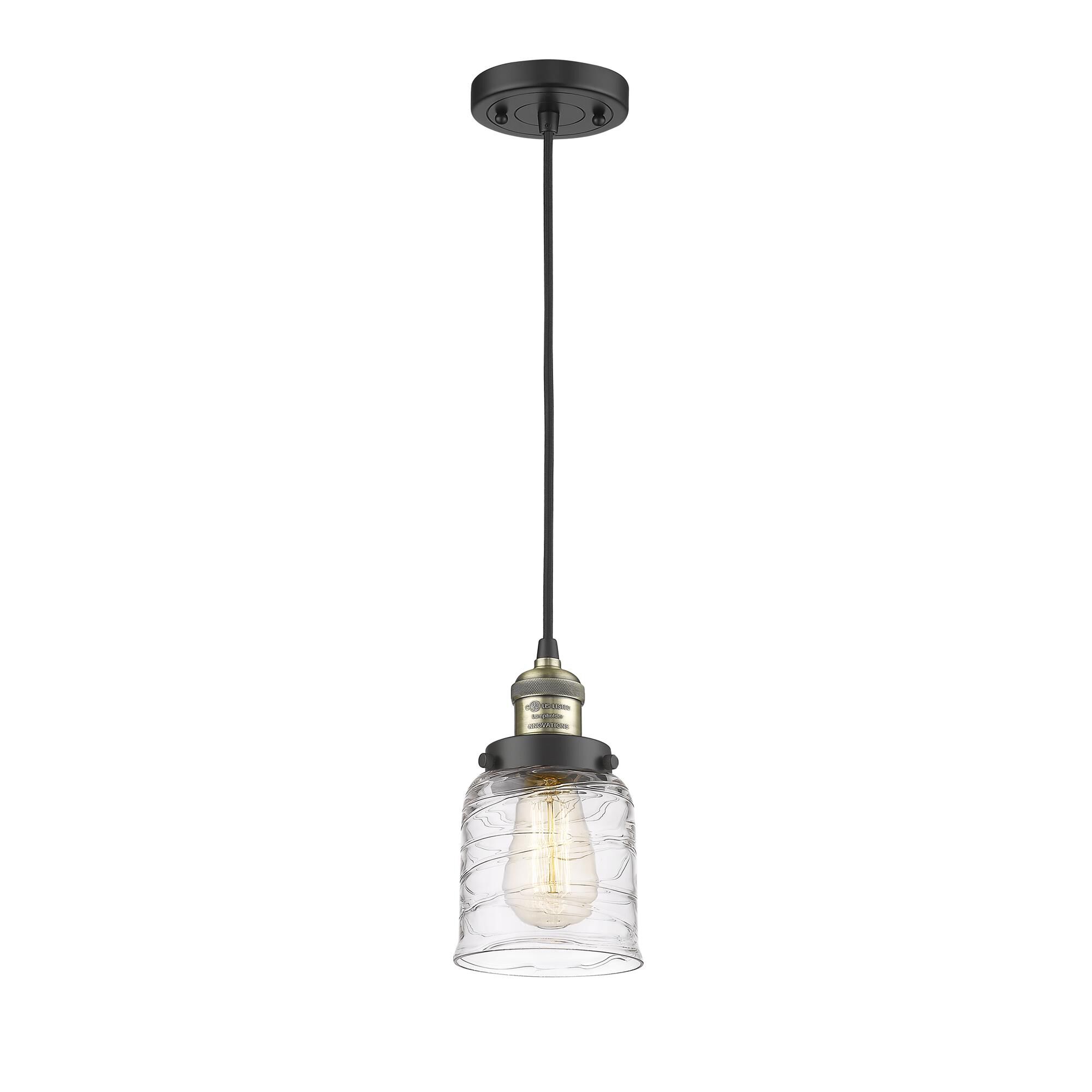 Shown in Black Antique Brass finish and Clear Deco Swirl Small Bell glass