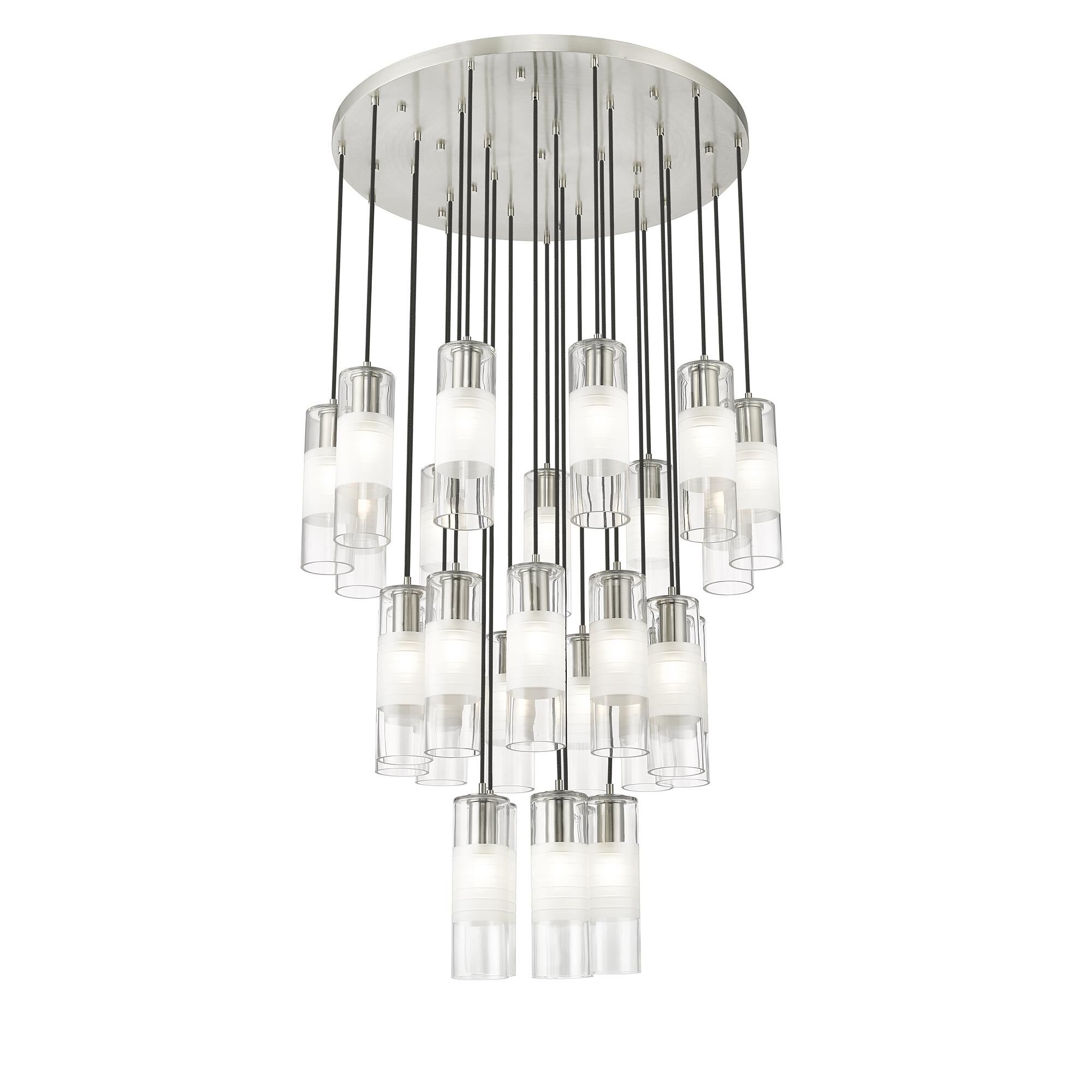 Shown in Brushed Nickel finish and Clear+frosted glass and Clear+frosted shade