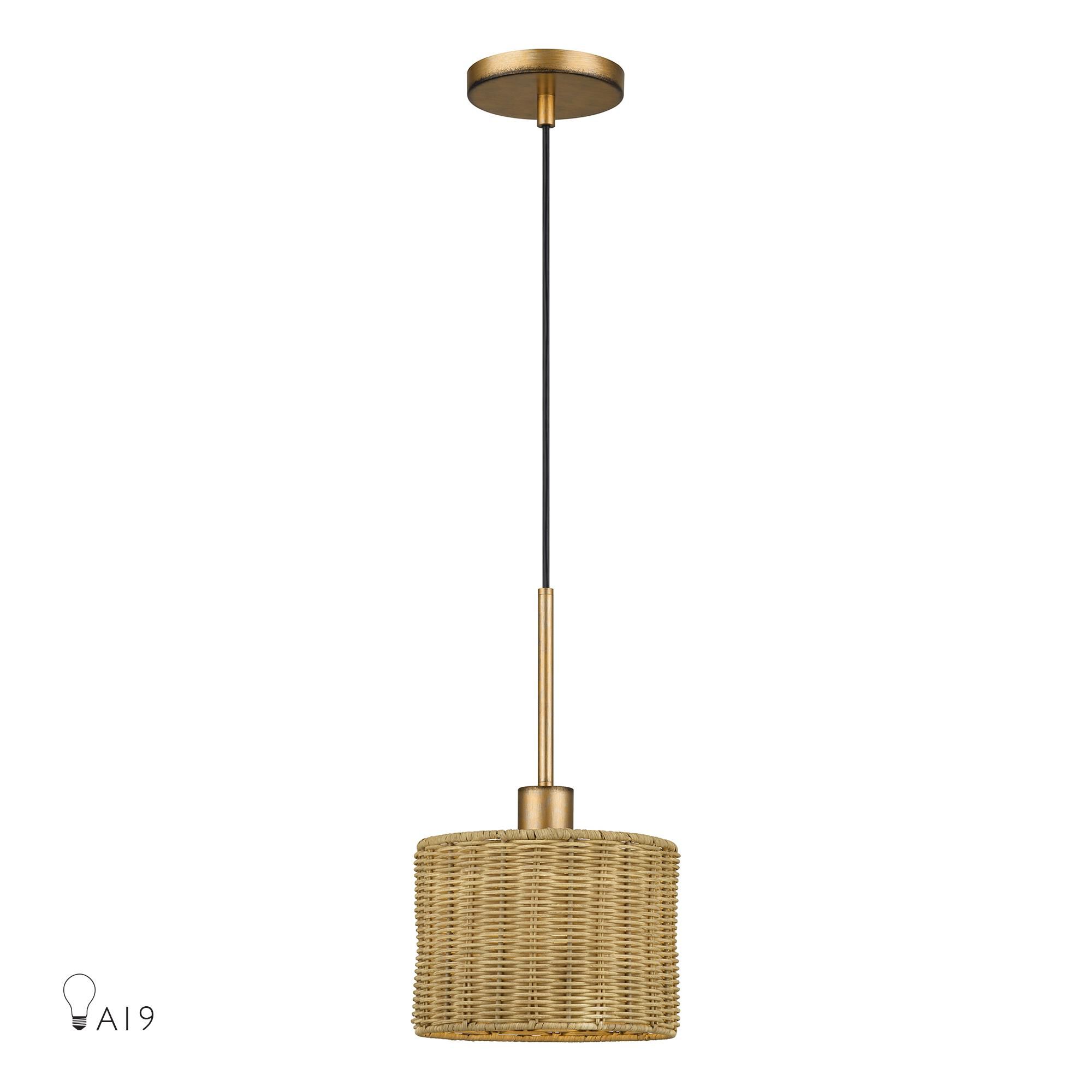 Shown in Antique Gold Leaf finish and Hand-Woven Rustic Walnut Color Rattan shade