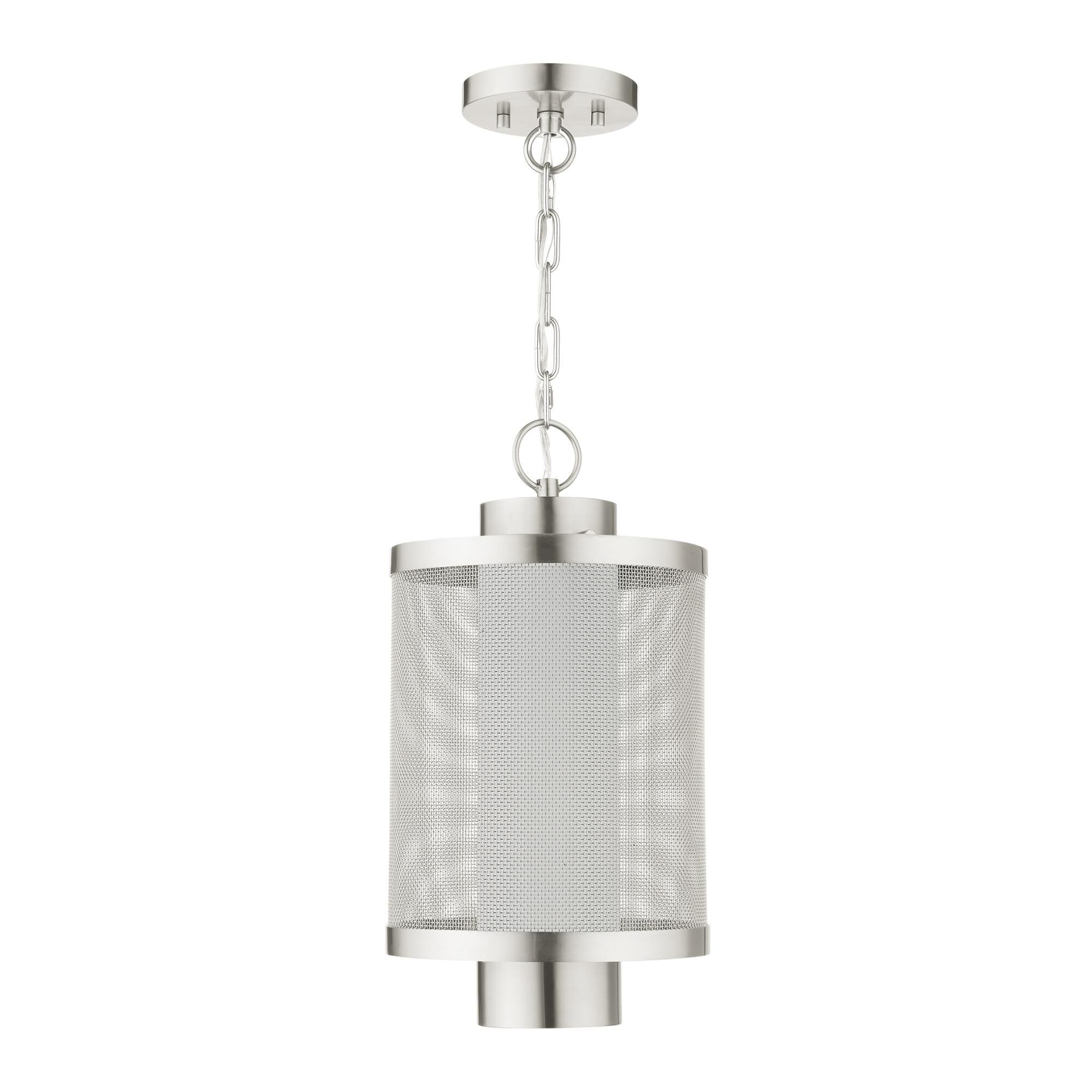 Shown in Brushed Nickel finish and Brushed Nickel Stainless Steel Mesh With Satin Opal White glass and Brushed Nickel Stainless Steel Mesh With Satin Opal White Glass shade