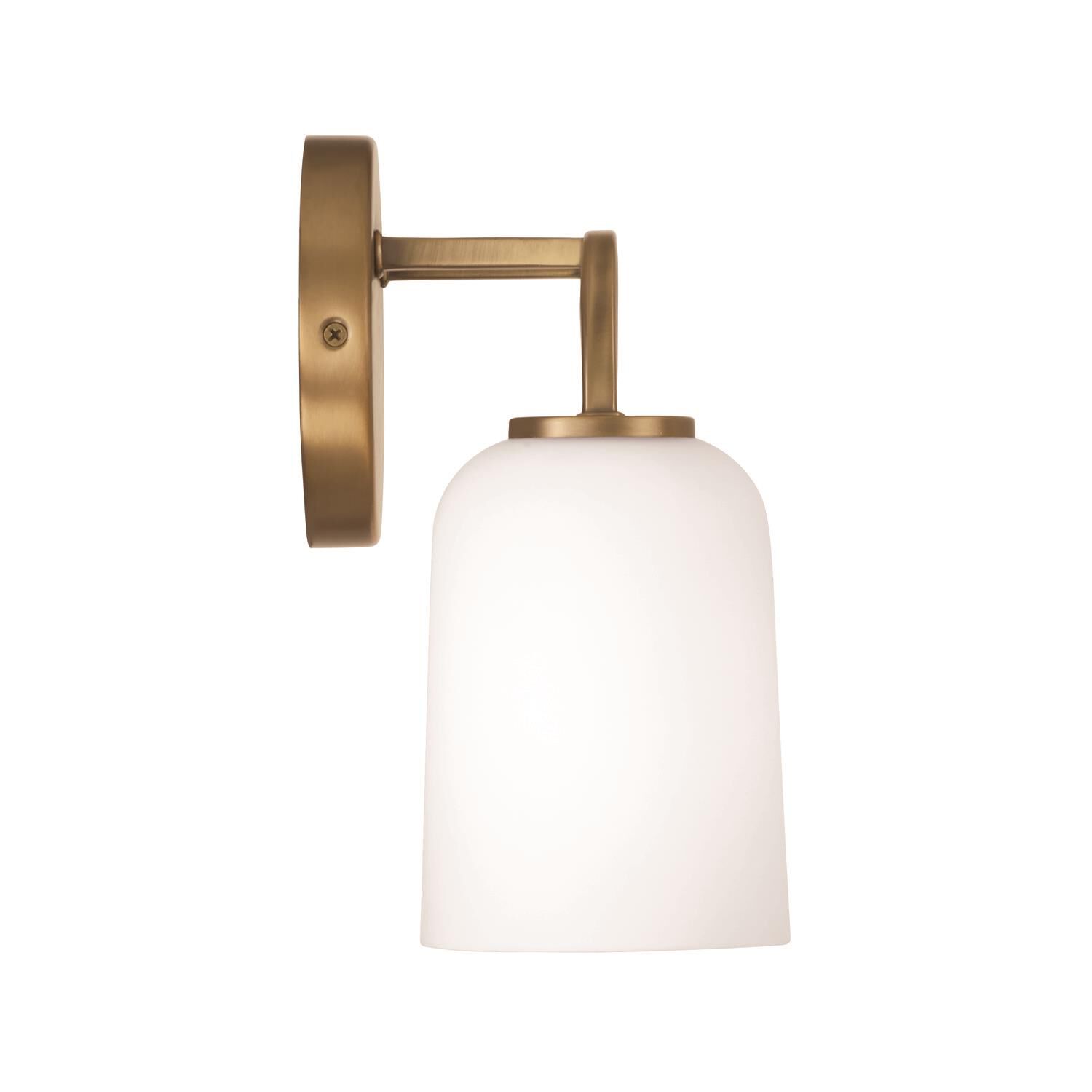 Shown in Aged Brass finish and Soft White glass