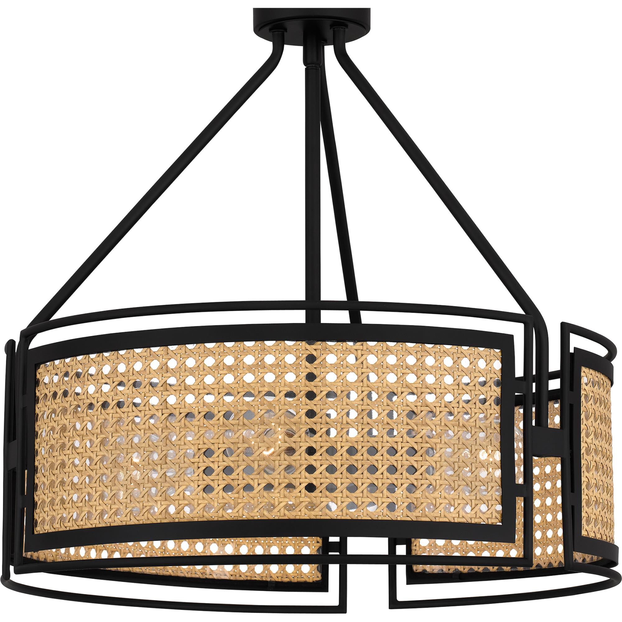 Shown in Matte Black finish and Rattan Caning shade