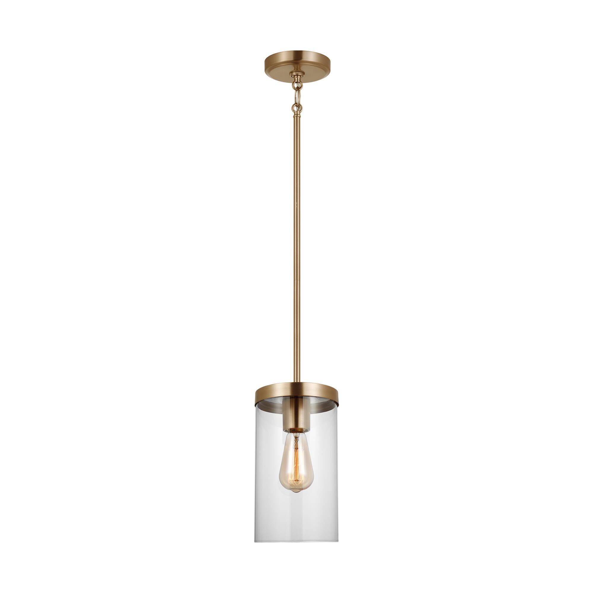 Shown in Satin Brass finish and Clear Glass shade