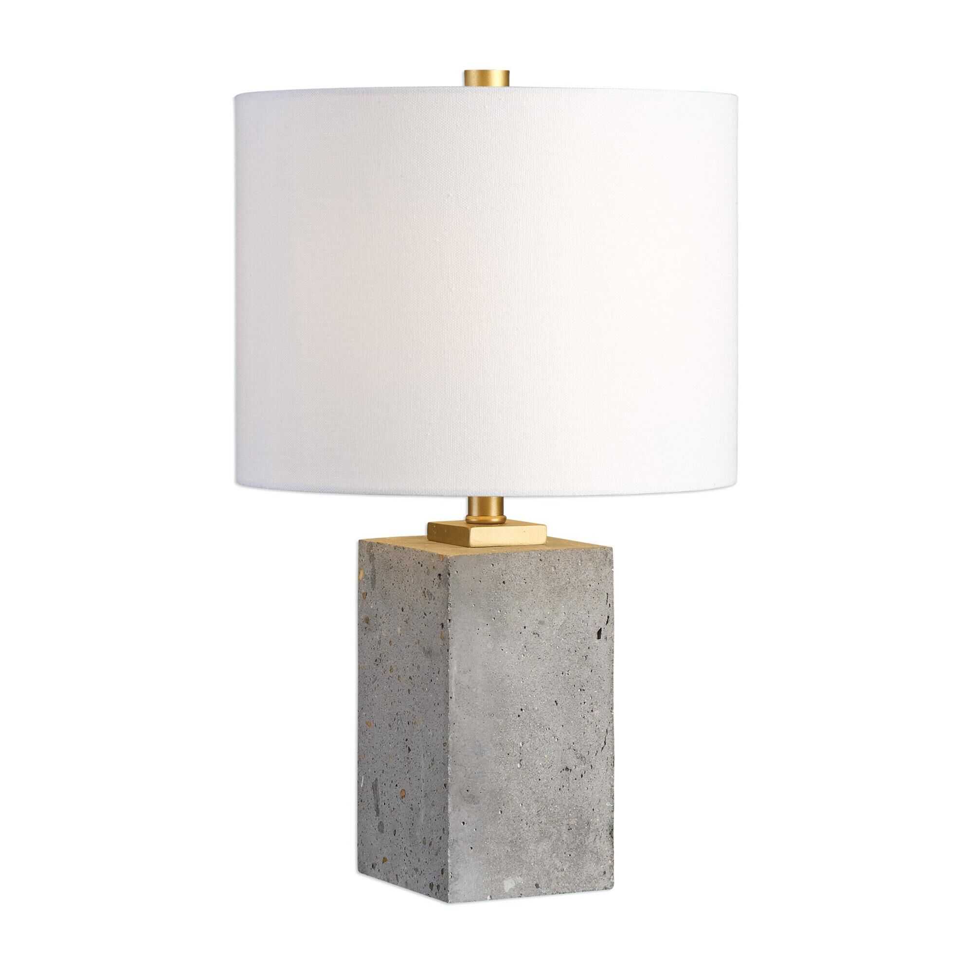 Shown in Concrete-Brushed Gold Painted finish and White Linen Fabric shade