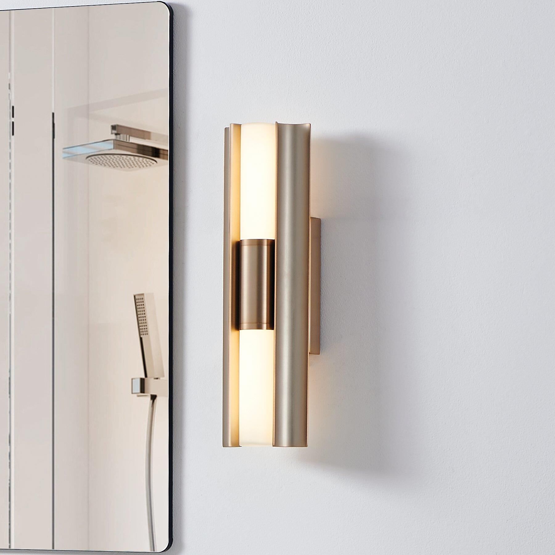 Shown in Champagne Gold finish and Etched Opal glass