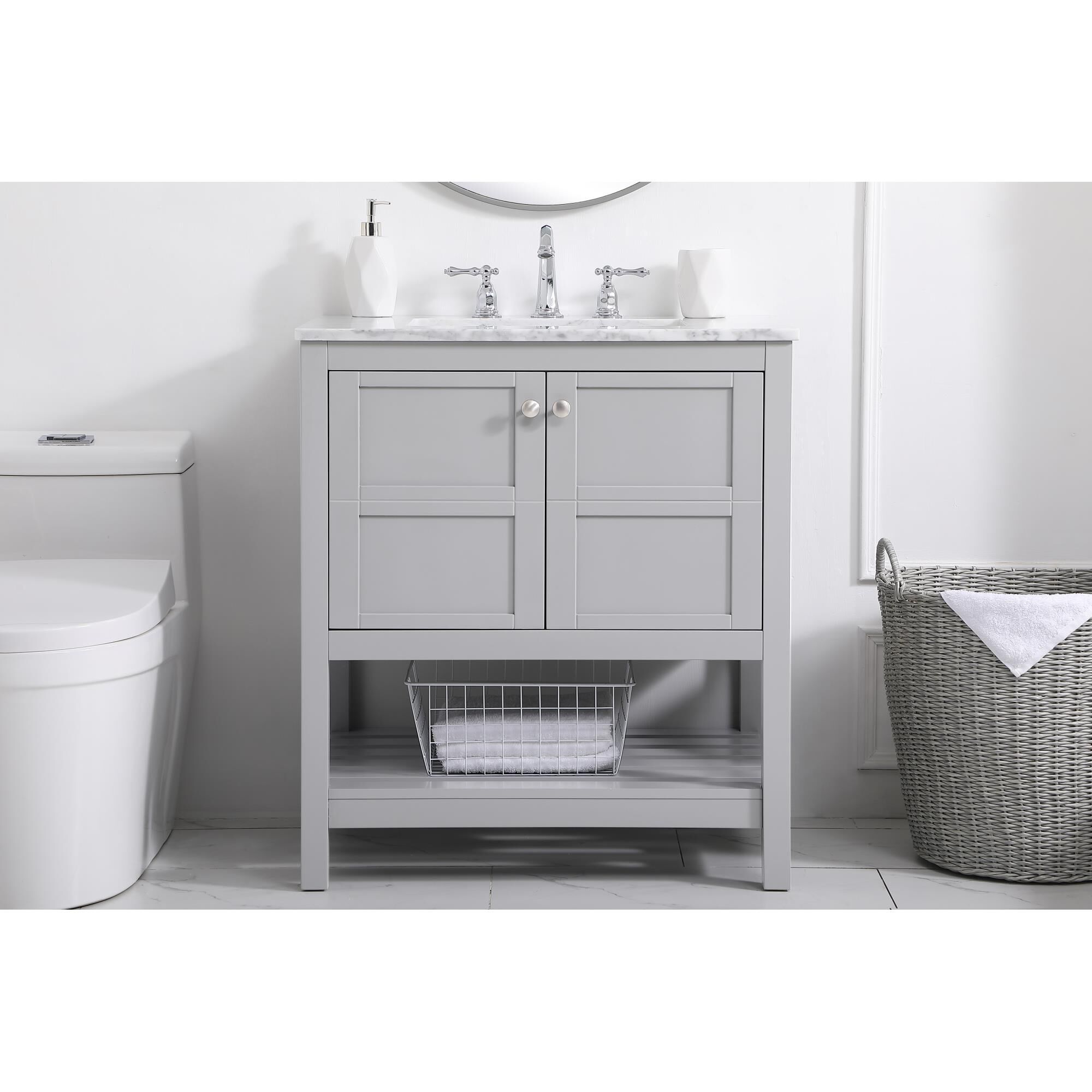 Shown in Gray And Brushed Nickel With Carrara White Marble finish