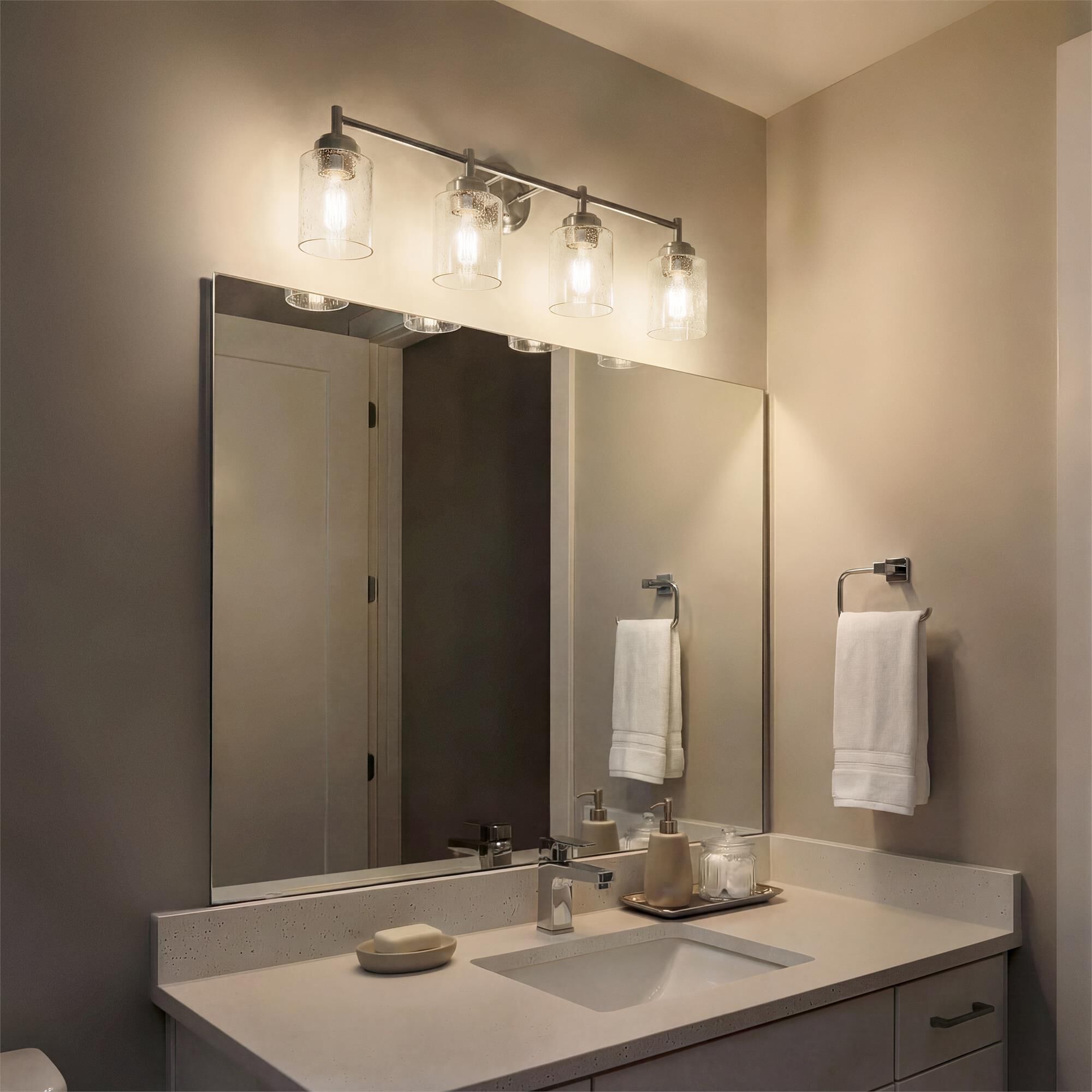Shown in Brushed Nickel finish and Clear Seeded glass