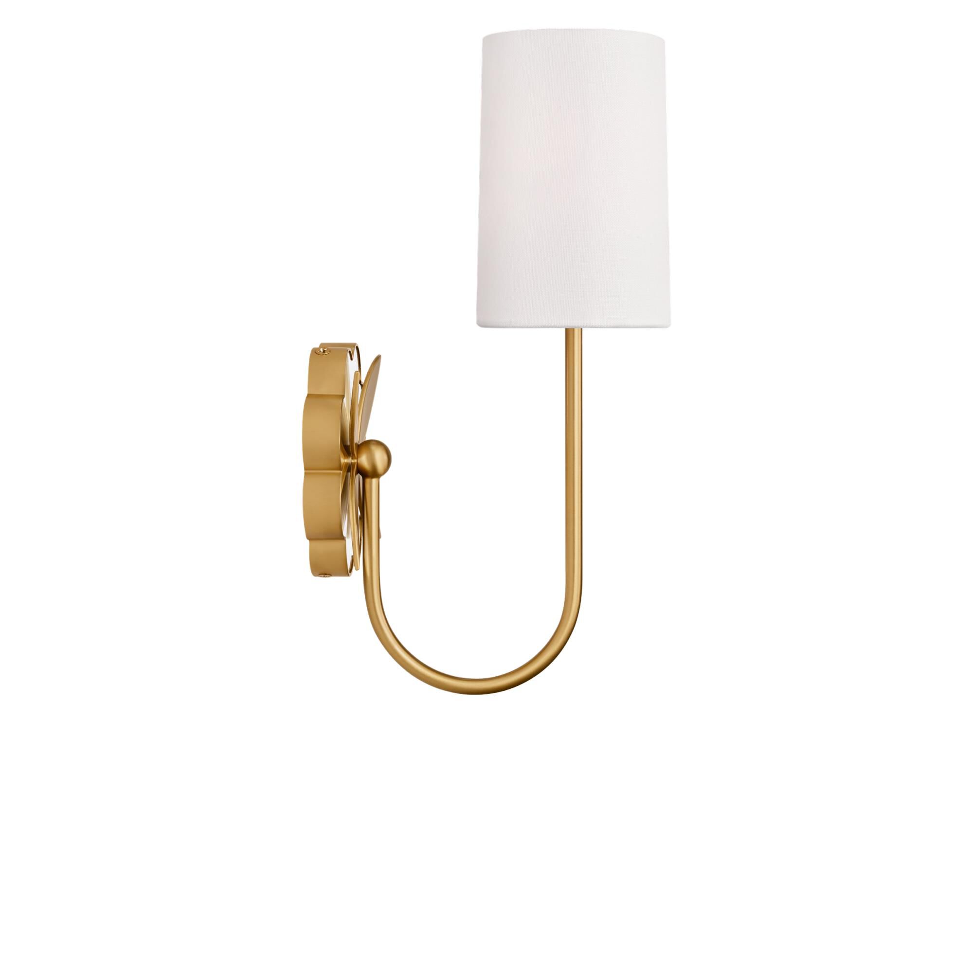 Shown in Burnished Brass finish and White Linen Fabric shade