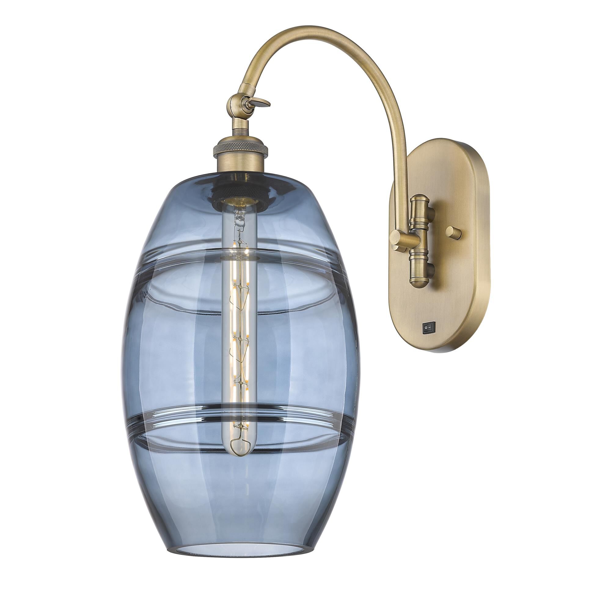Shown in Brushed Brass finish and Princess Blue glass