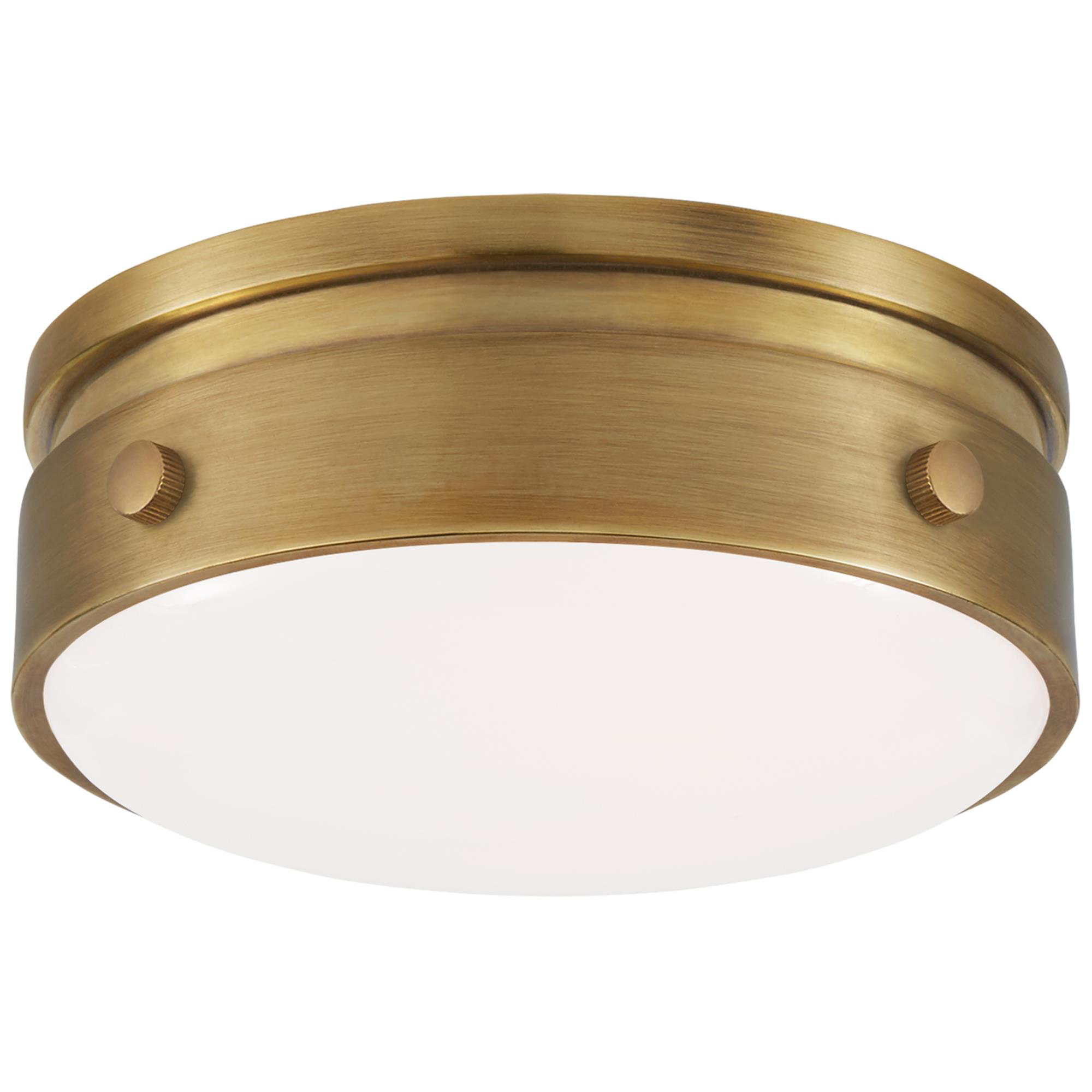Shown in Hand-Rubbed Antique Brass finish and White glass