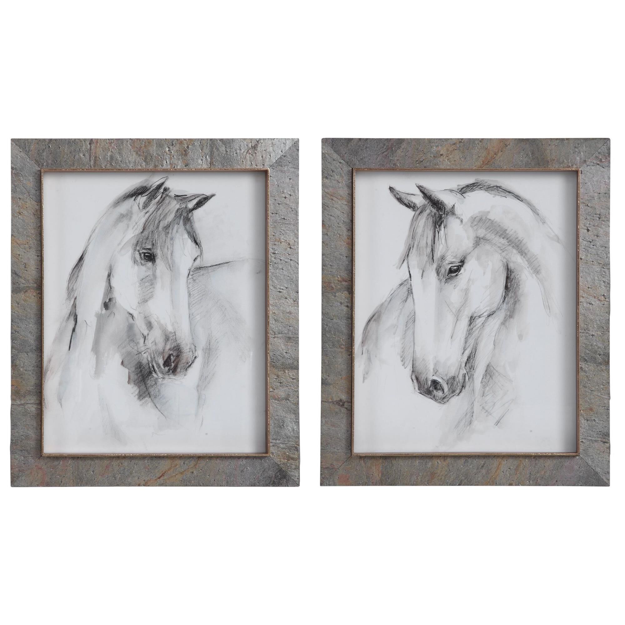Shown in White, Gray, And Taupe Horse Prints In Slate Frames With Noticeable Texture, Gold Fillet, Under Glas finish