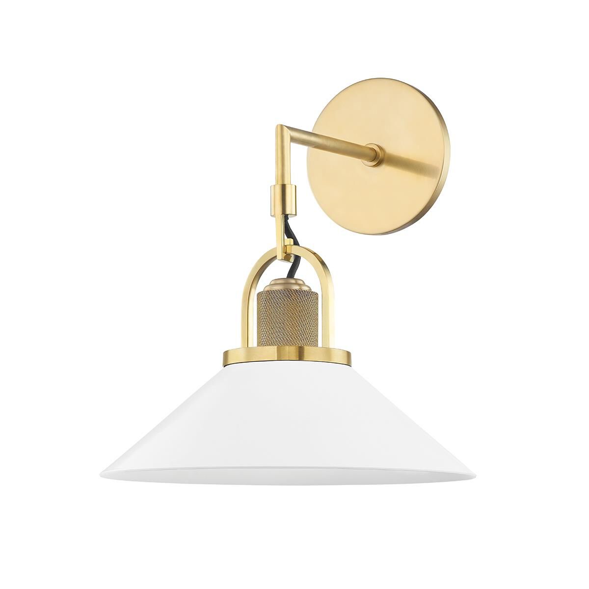 Shown in Aged Brass finish and Soft Off White Aluminum shade