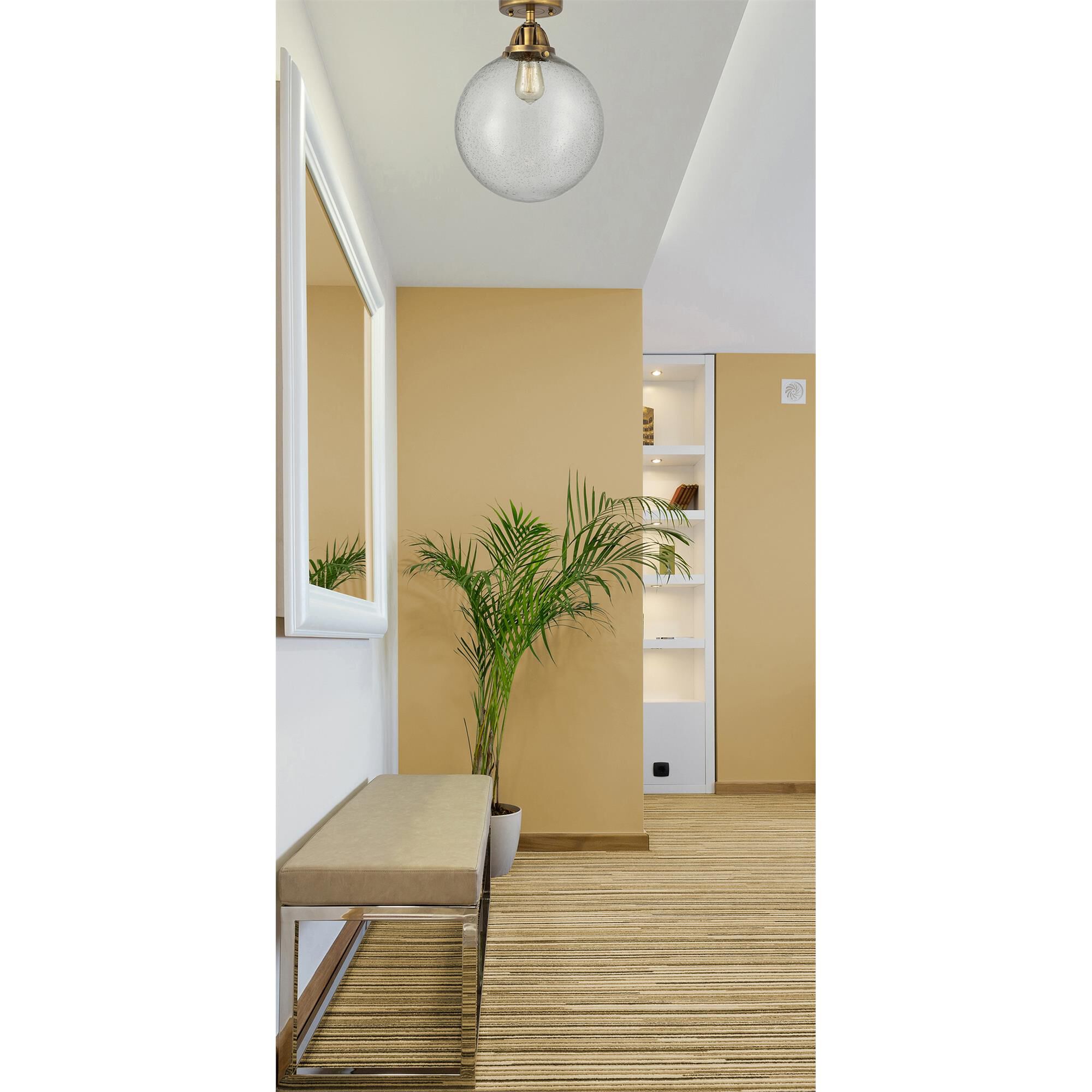 Shown in Brushed Brass finish and Seedy Globe glass and No Shade shade