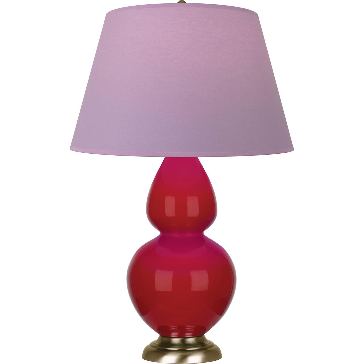Shown in Ruby Red finish and Lavender and Plum shade and Antique Brass accent