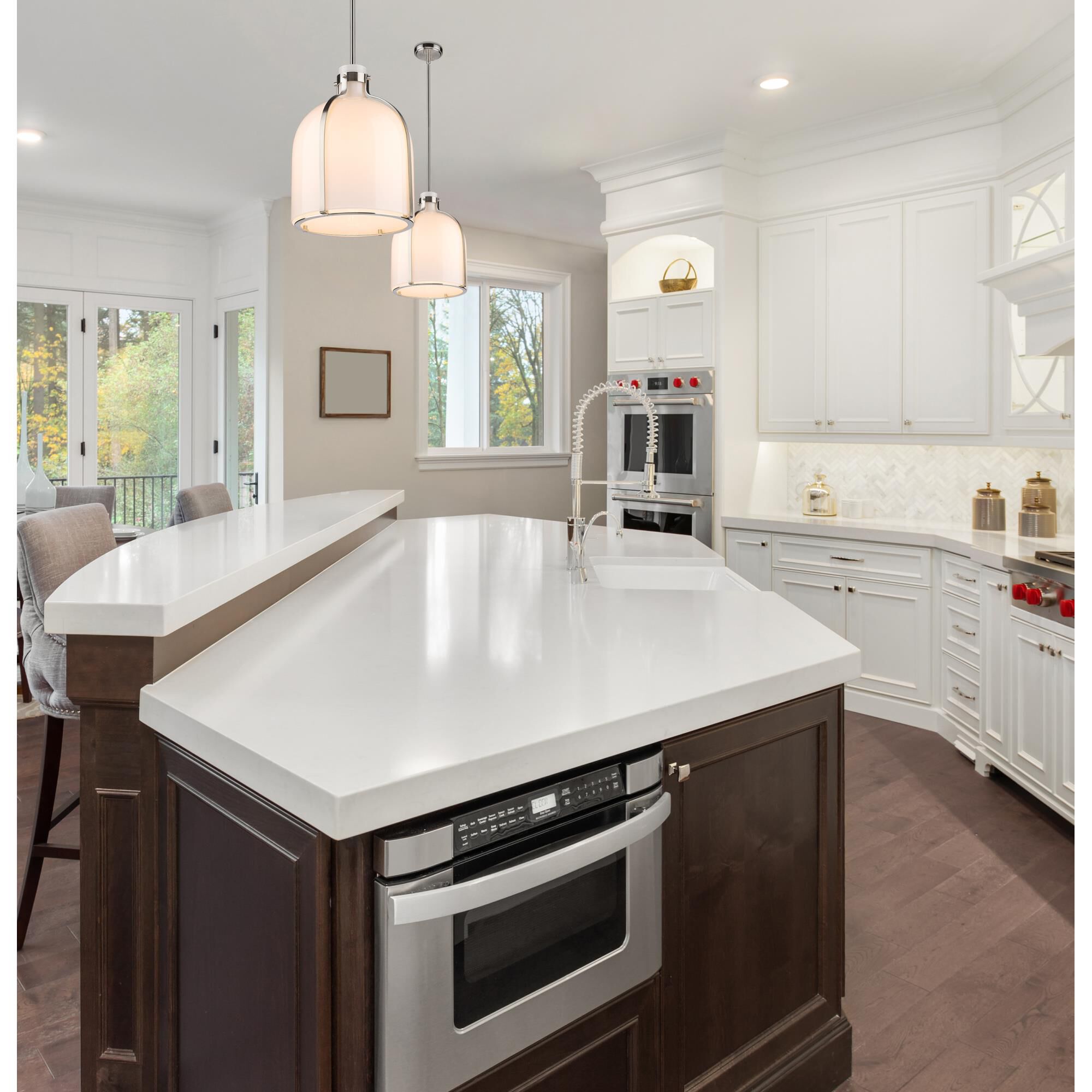 Shown in Brushed Nickel finish and White Opal glass and No Shade shade