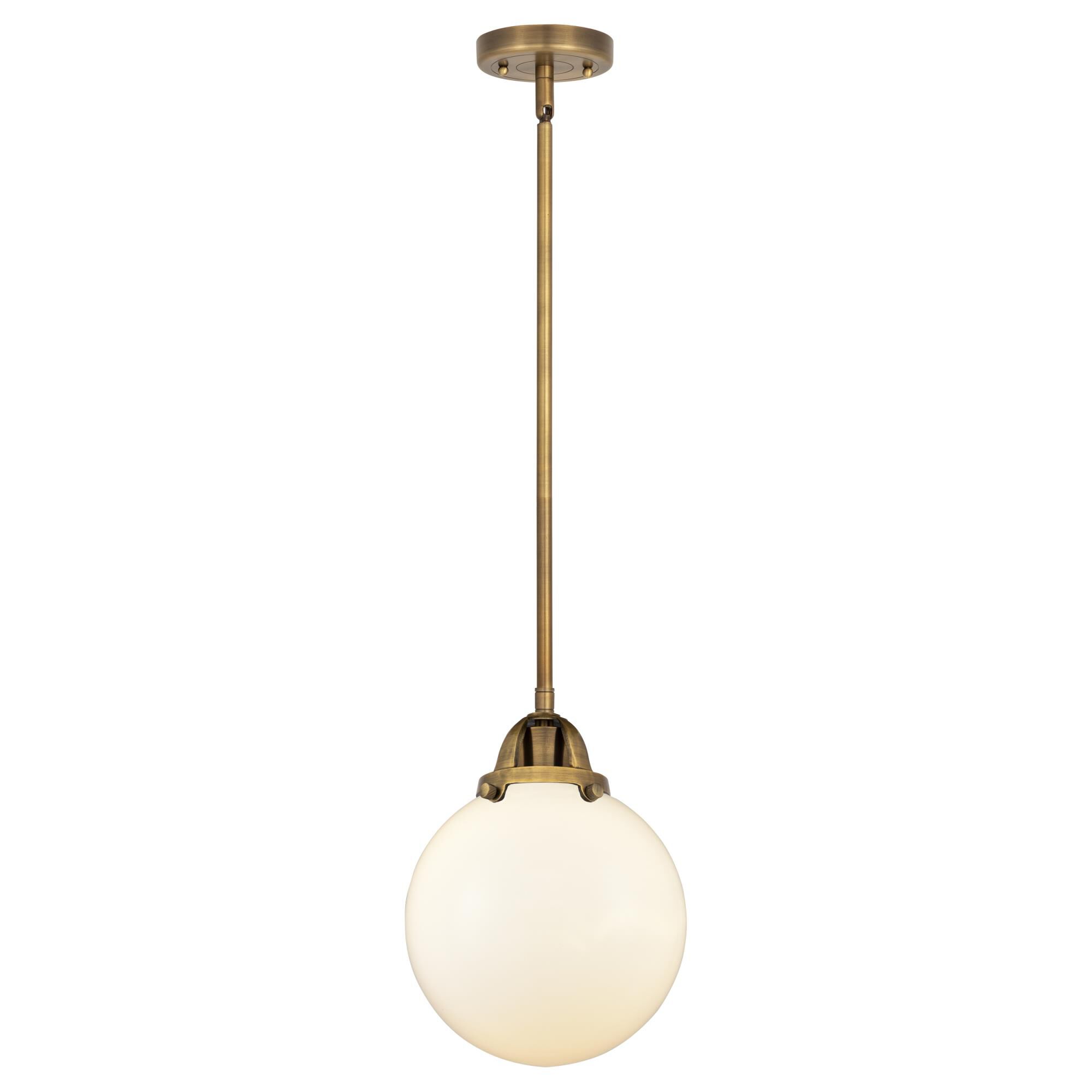 Shown in Brushed Brass finish and Matte White Cased Beacon glass and No Shade shade