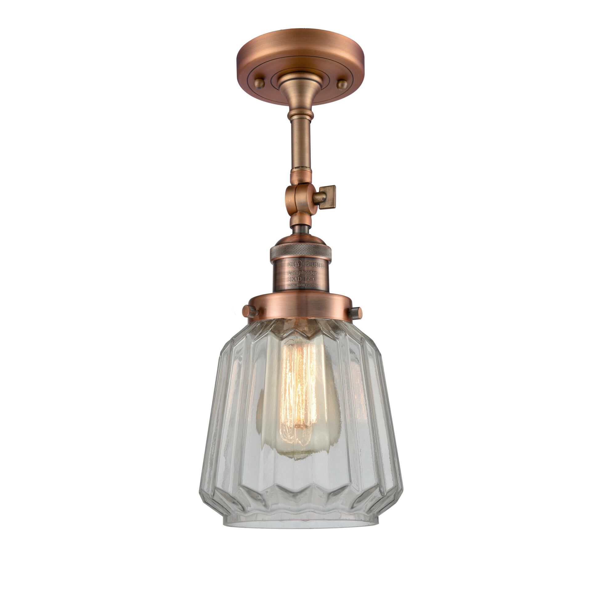 Shown in Antique Copper finish and Clear Fluted glass