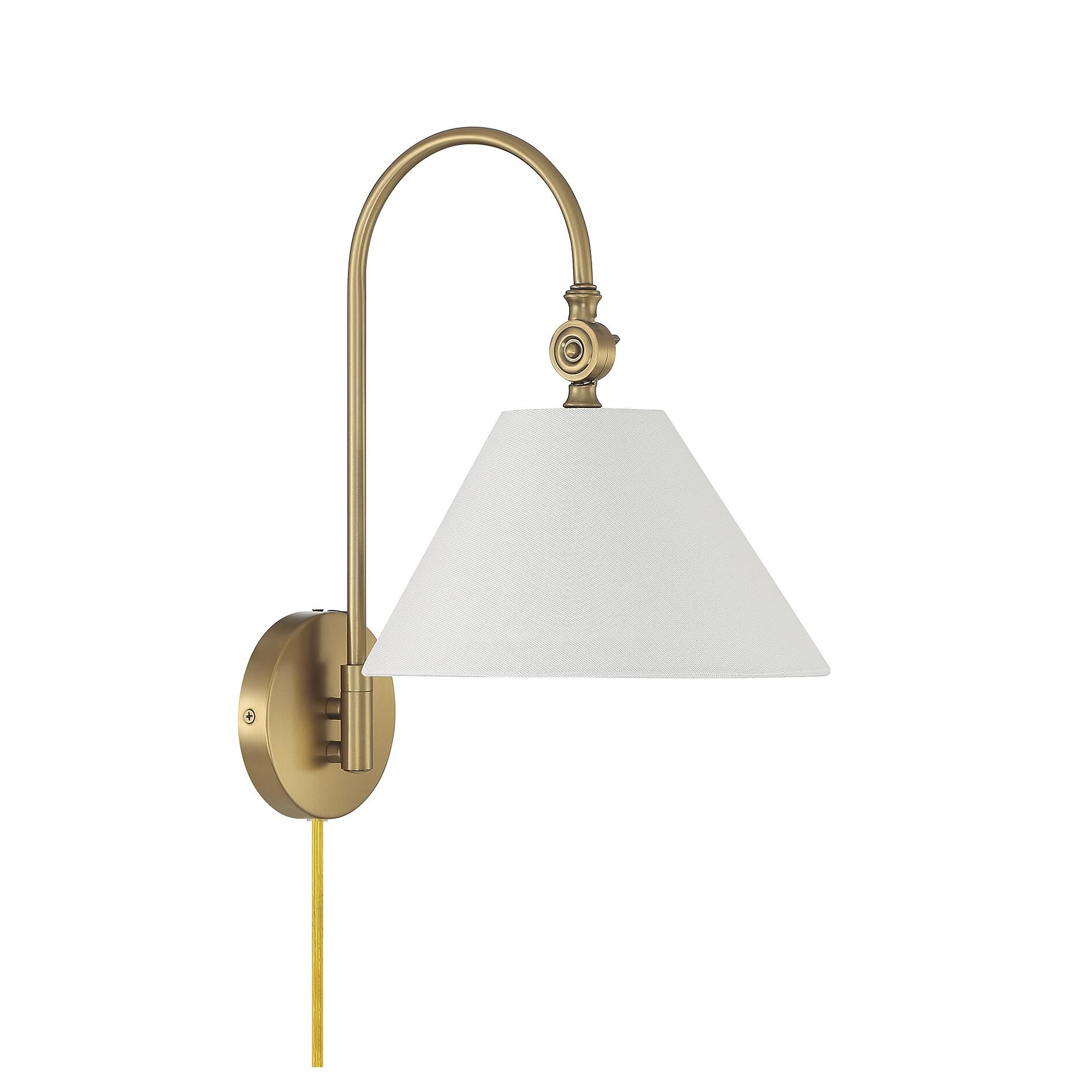 Shown in Natural Brass finish and White Fabric shade