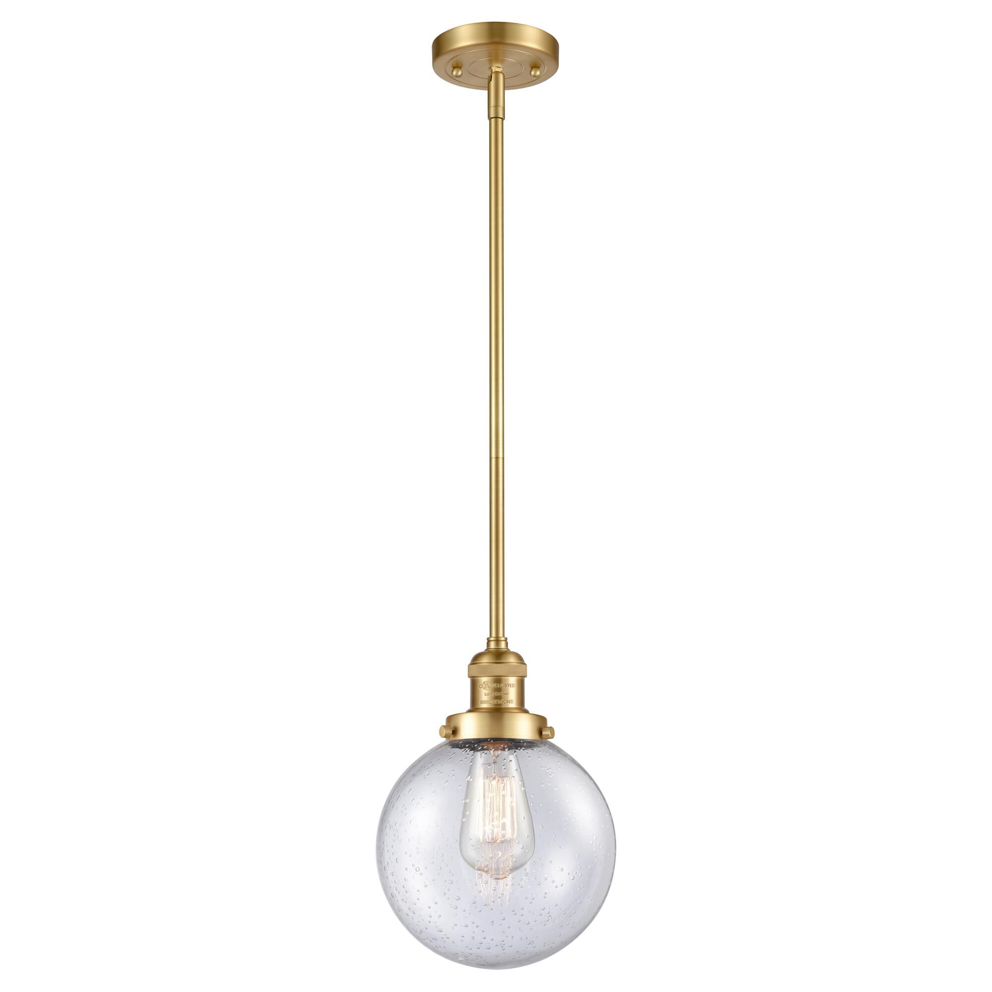 Shown in Satin Gold finish and Seedy Beacon glass
