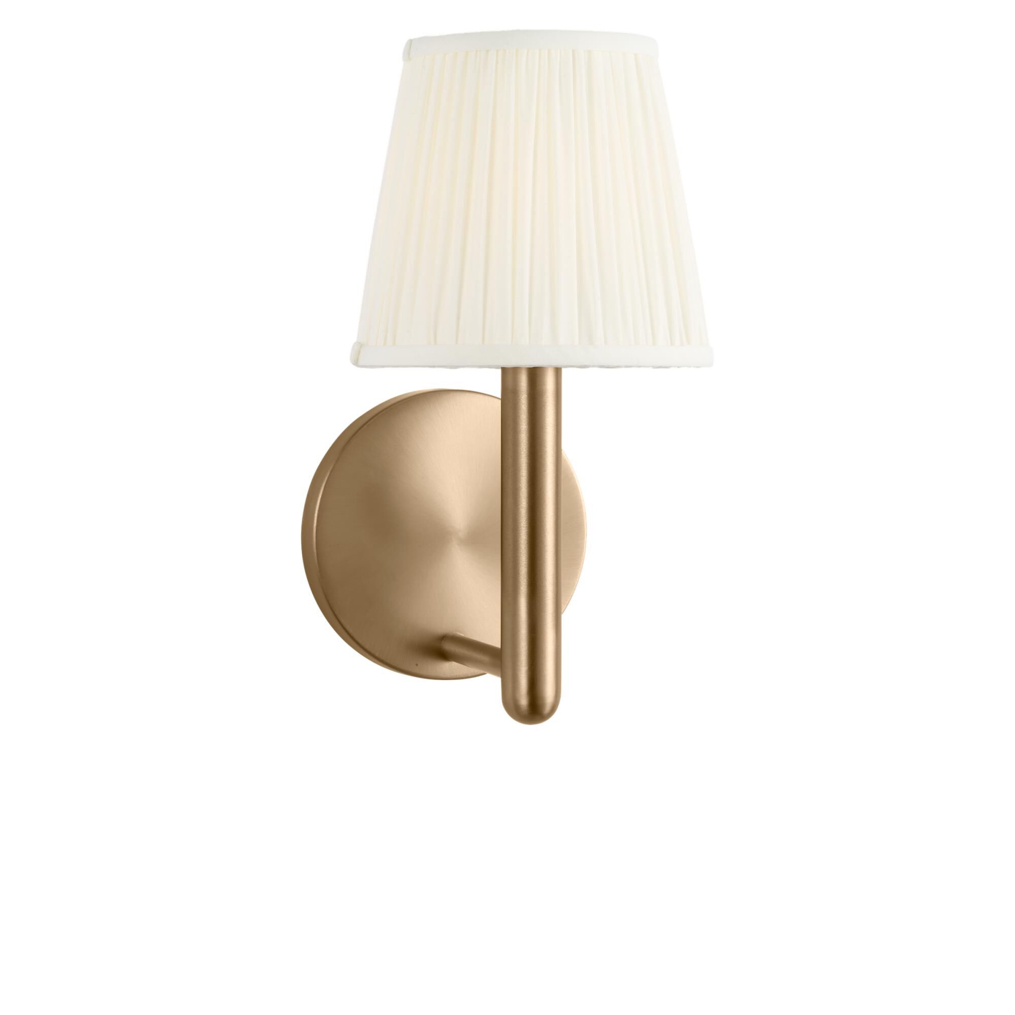 Shown in Satin Brass finish and Mushroom Pleat Fabric shade