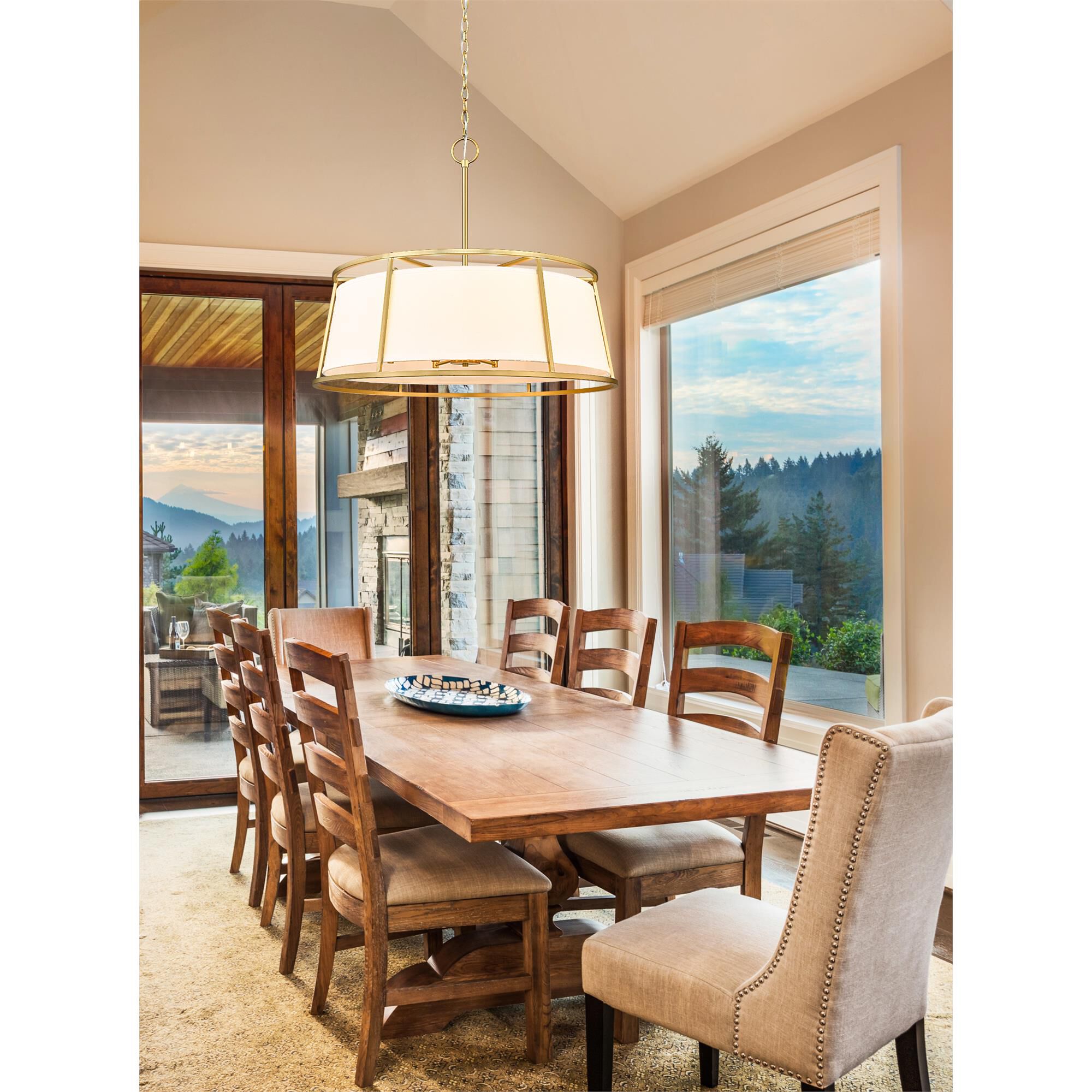 Shown in Rubbed Brass finish and White Fabric shade