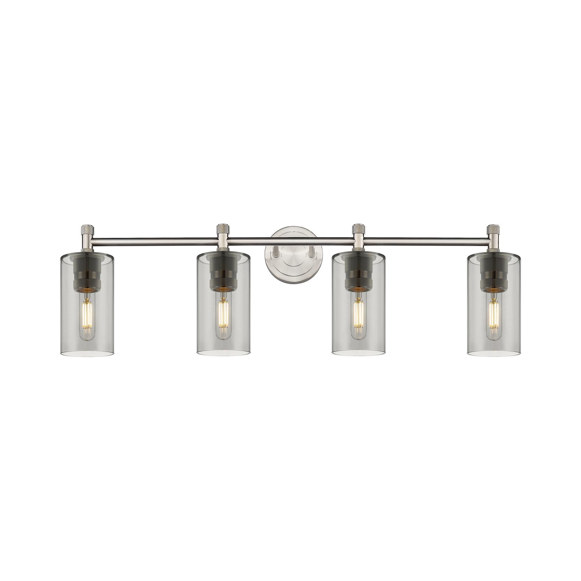 Shown in Satin Nickel finish and Plated Smoke glass and Plated Smoke Glass shade