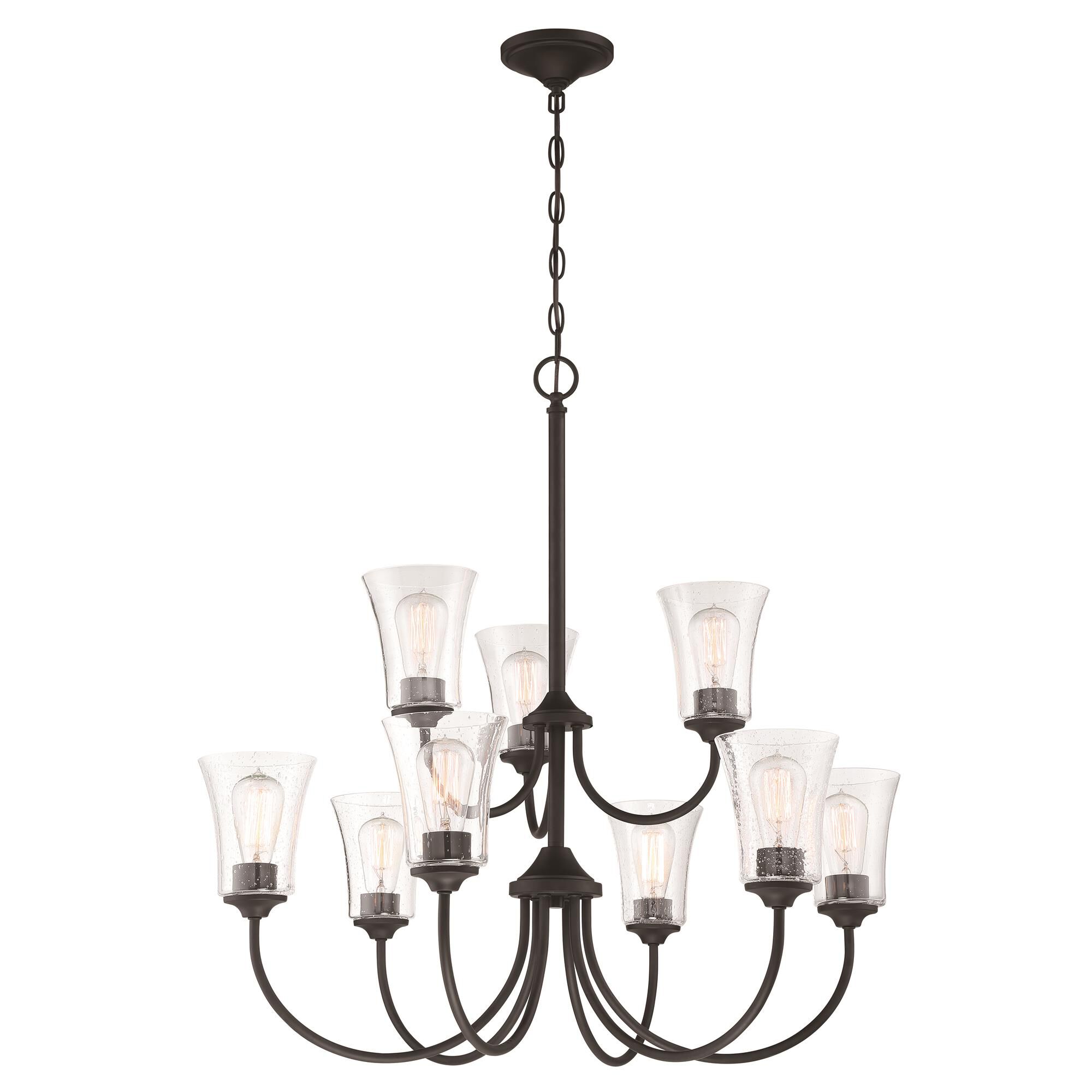 Shown in Flat Black finish and Clear Seeded glass and Glass shade