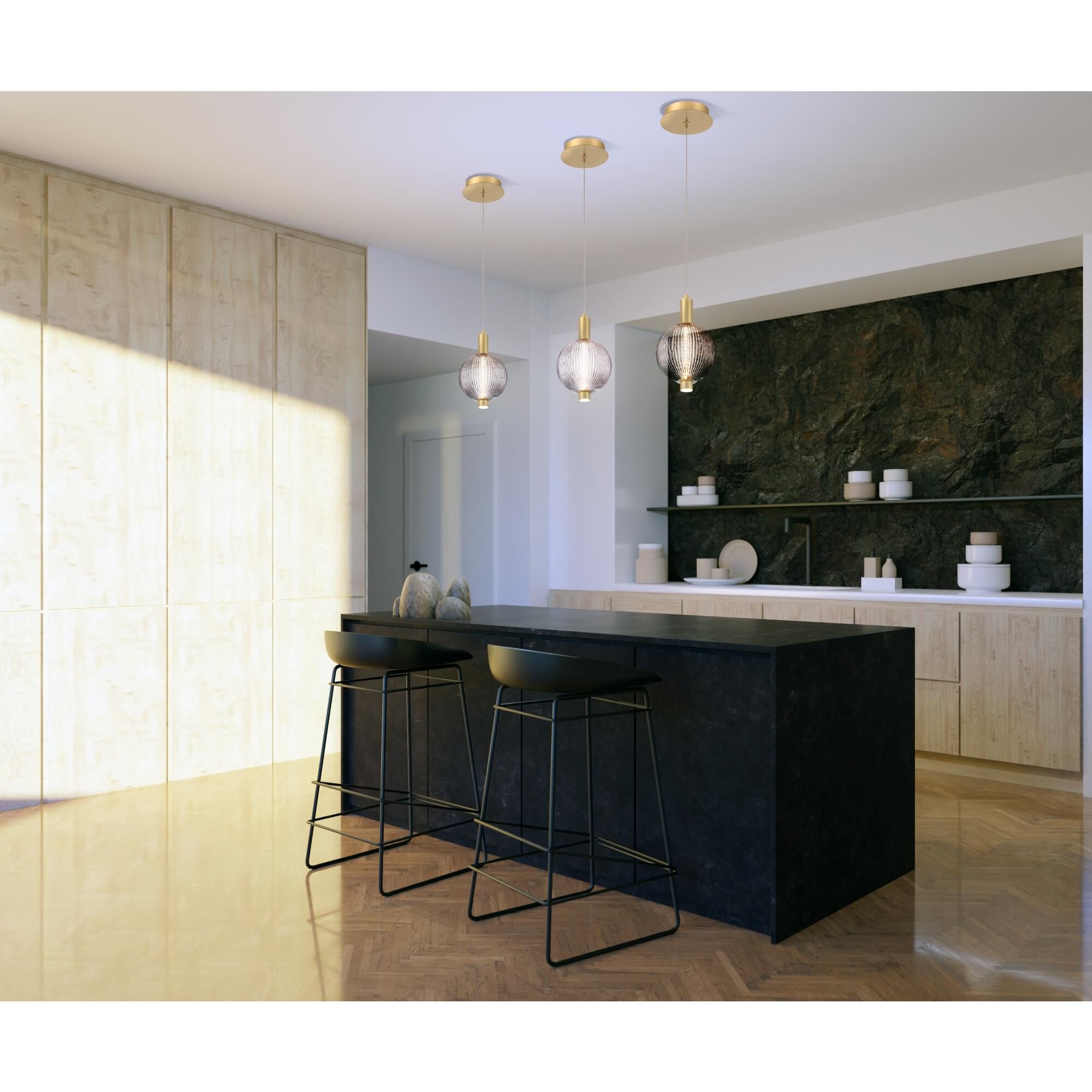 Shown in Gold finish and Smoke Ribbed  glass