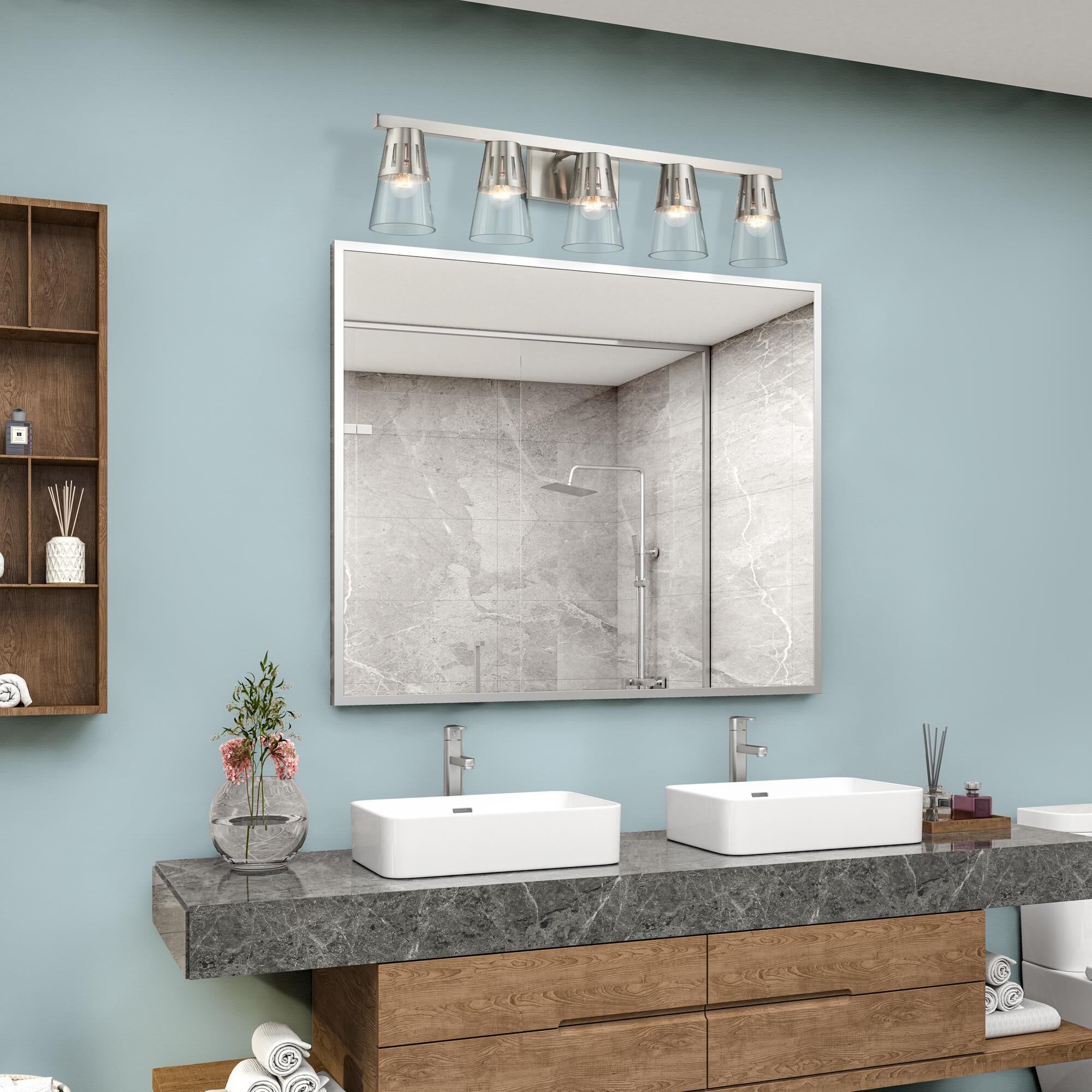 Shown in Brushed Nickel finish and Hand Blown Clear glass