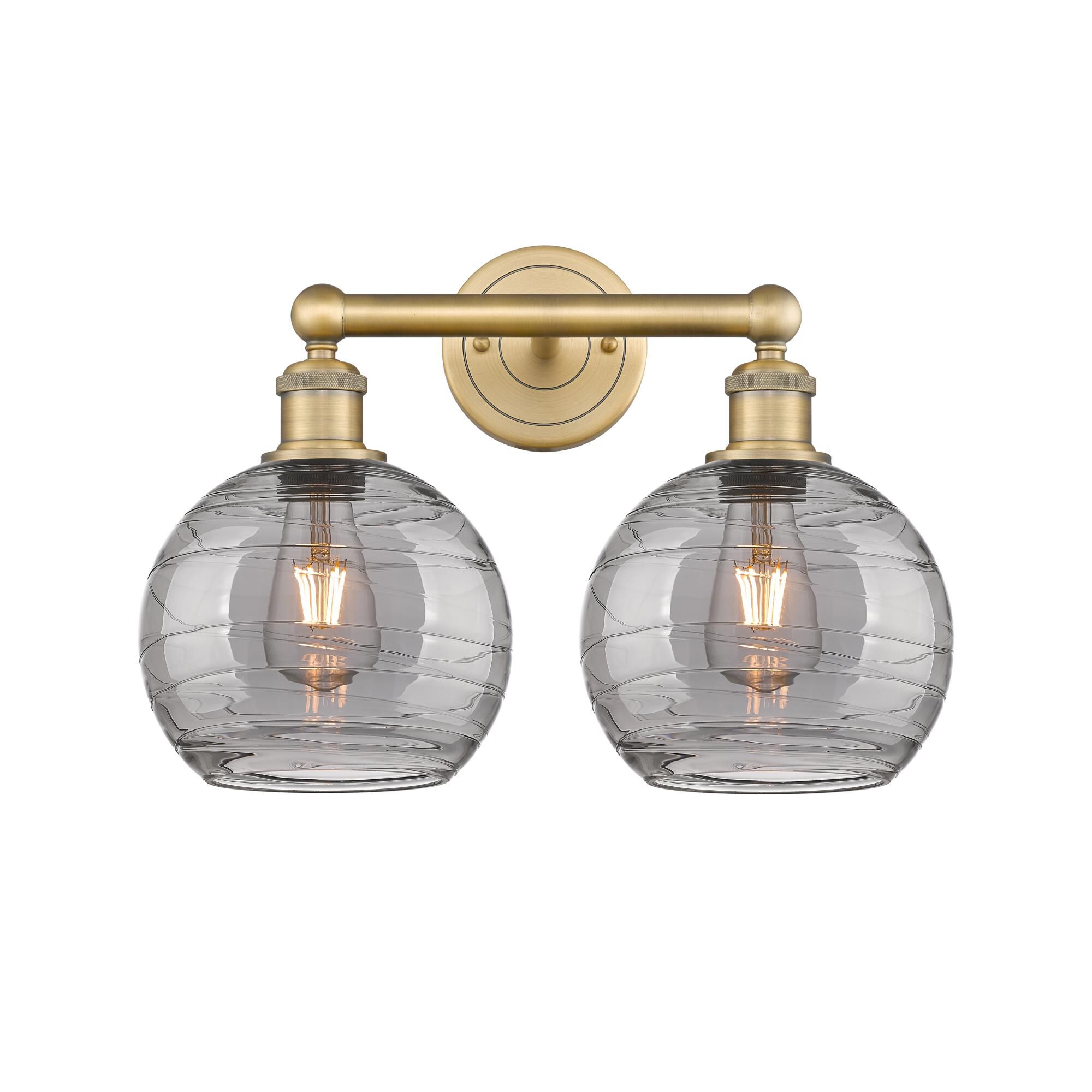 Shown in Brushed Brass finish and Light Smoke Deco Swirl glass
