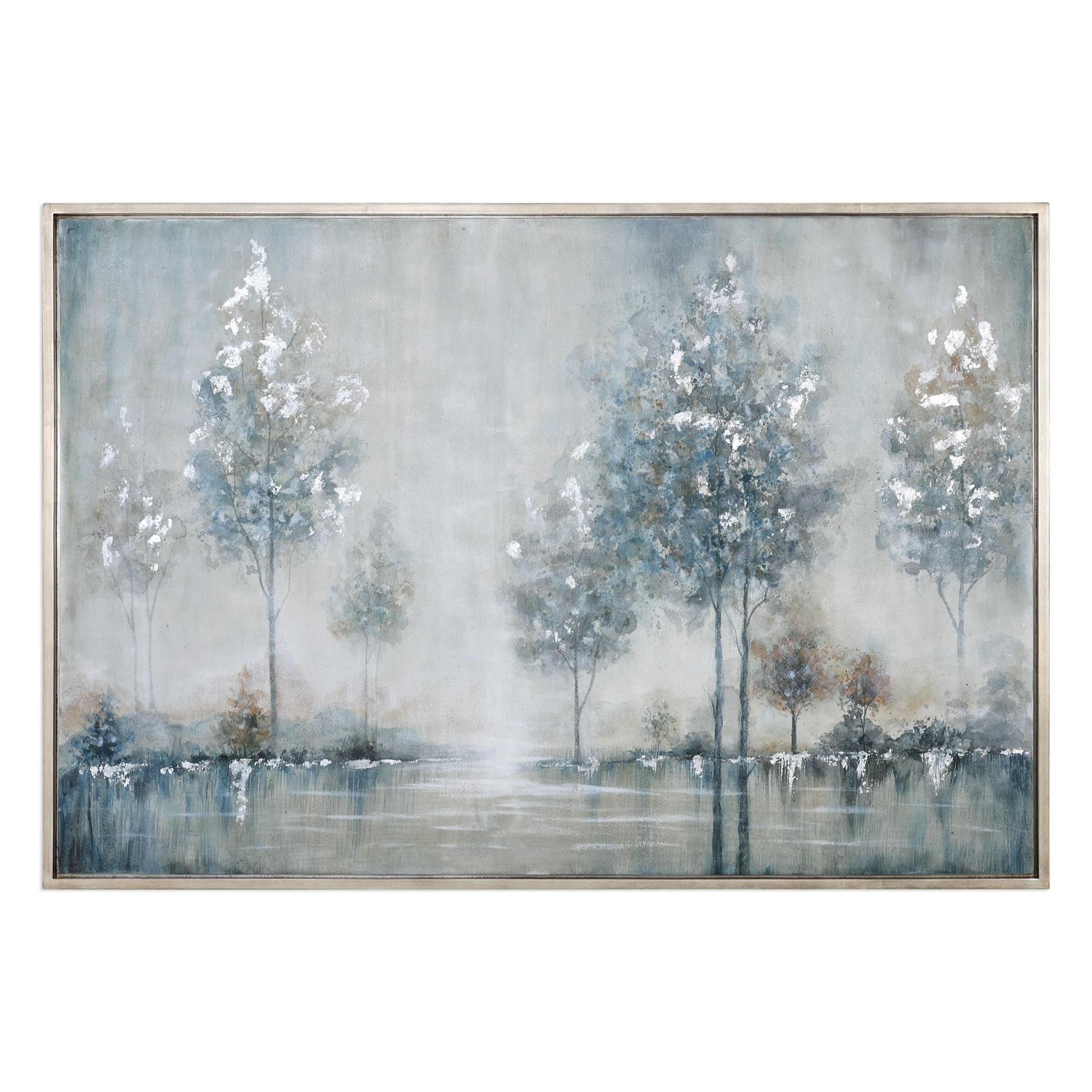 Shown in Hand Painted Canvas Stretched Over Wood Frame.  Surround Is A Silver Leaf Gallery Frame. finish