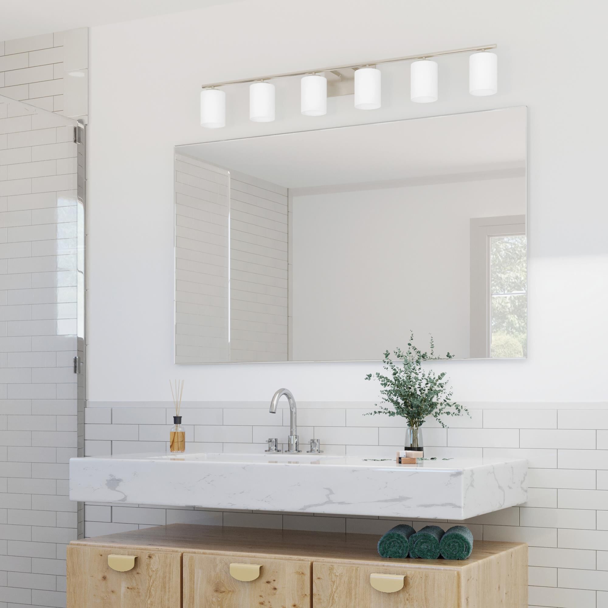 Shown in Brushed Nickel finish and Etched White Cylindrical glass