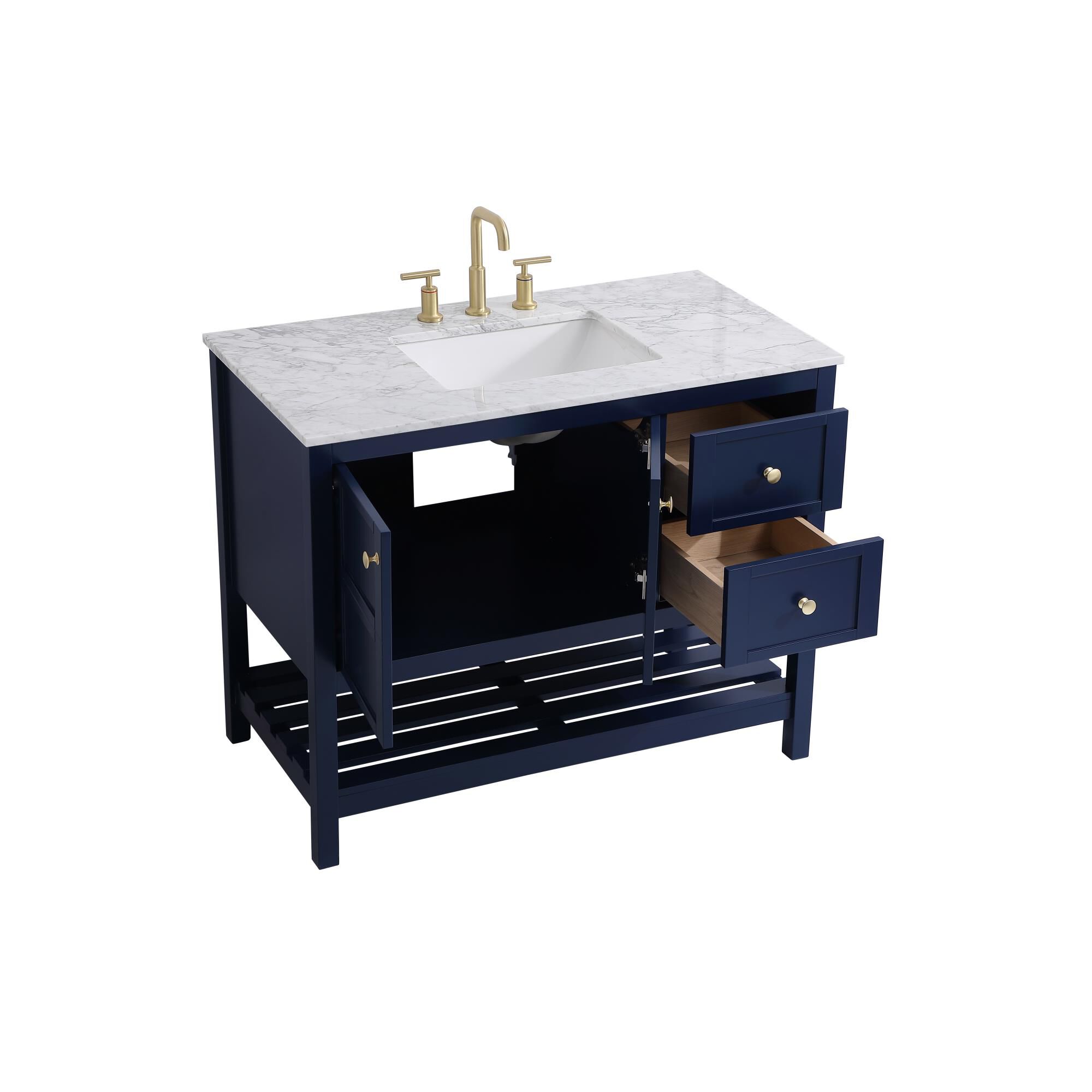 Shown in Blue And Gold With Carrara White Marble finish