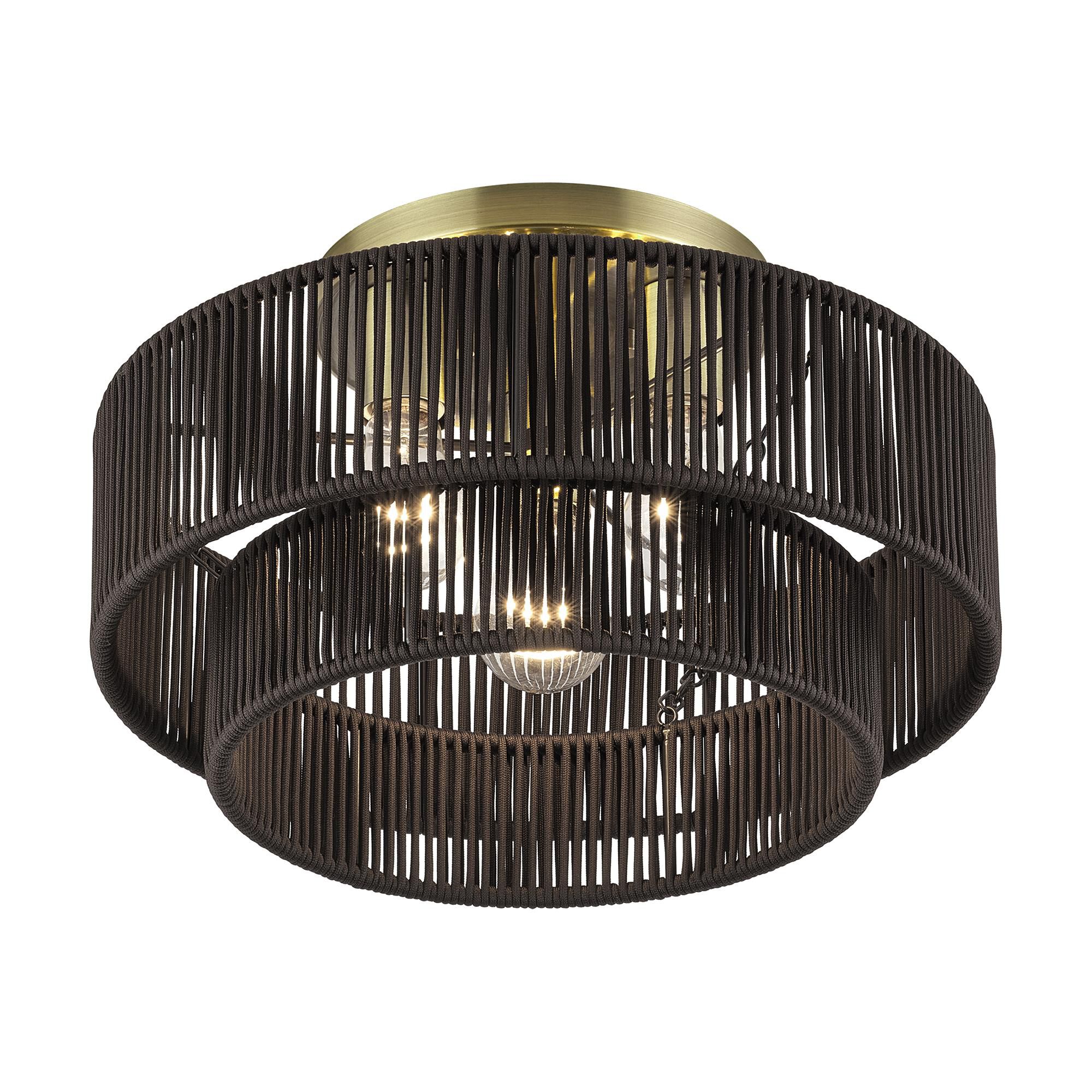 Shown in Antique Brass finish and Hand-Woven Dark Chocolate Color Polyester Rope shade
