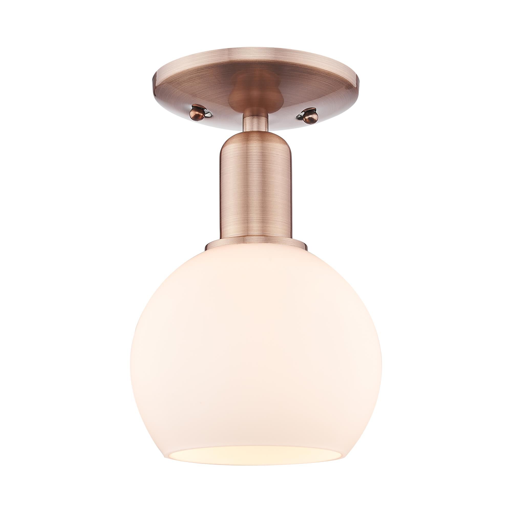 Shown in Antique Copper finish and Matte White glass