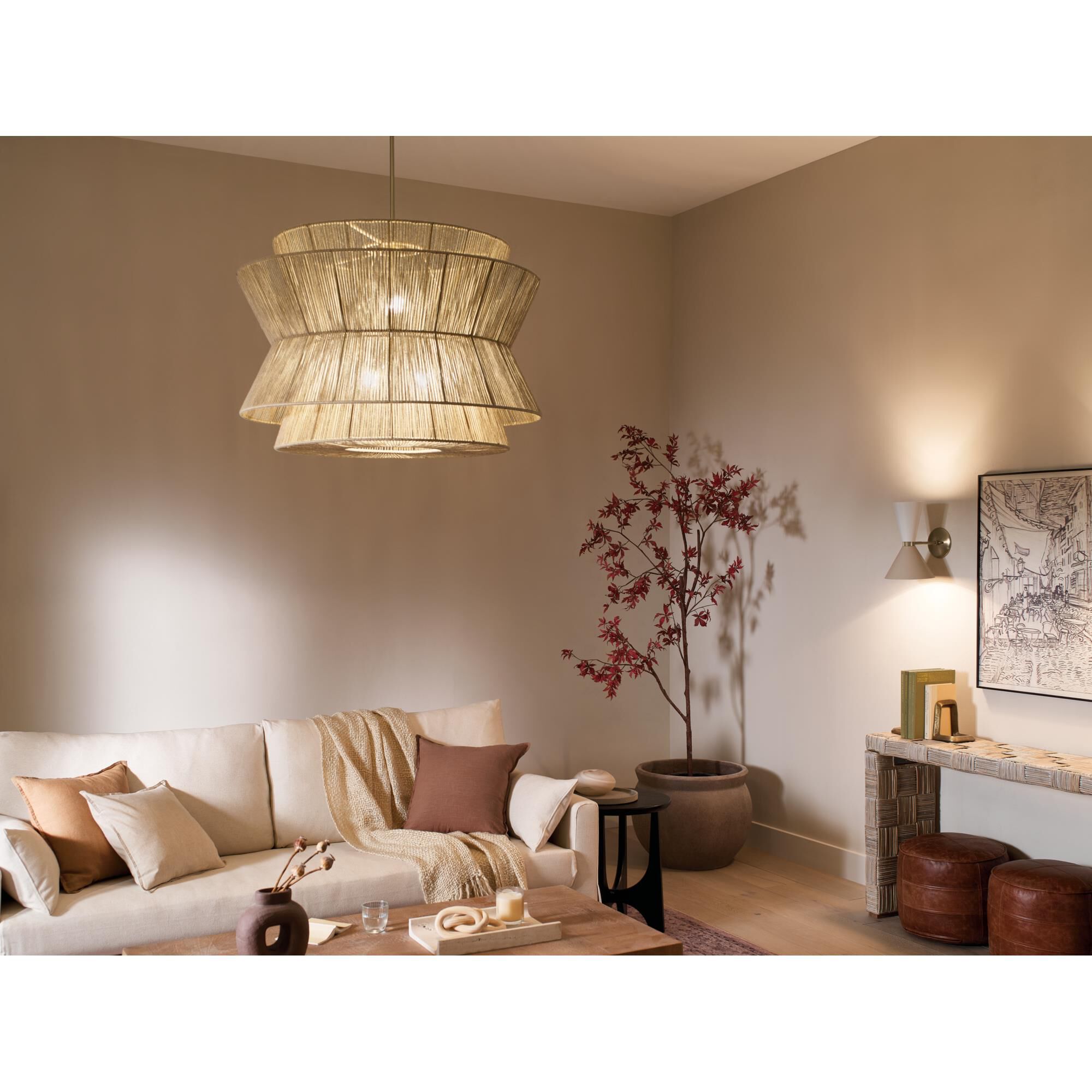 Shown in Champagne Bronze finish and Natural Fibers Textured shade