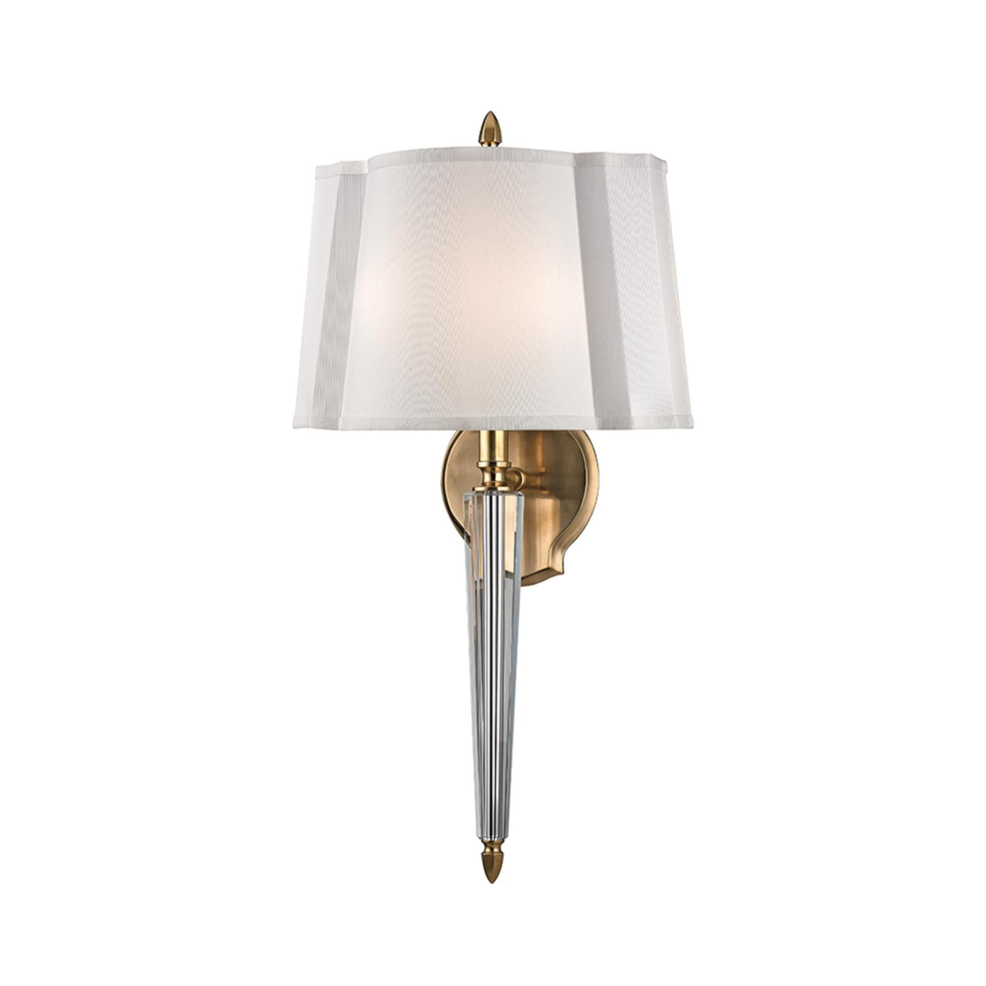 Shown in Aged Brass finish and White Faux Silk shade