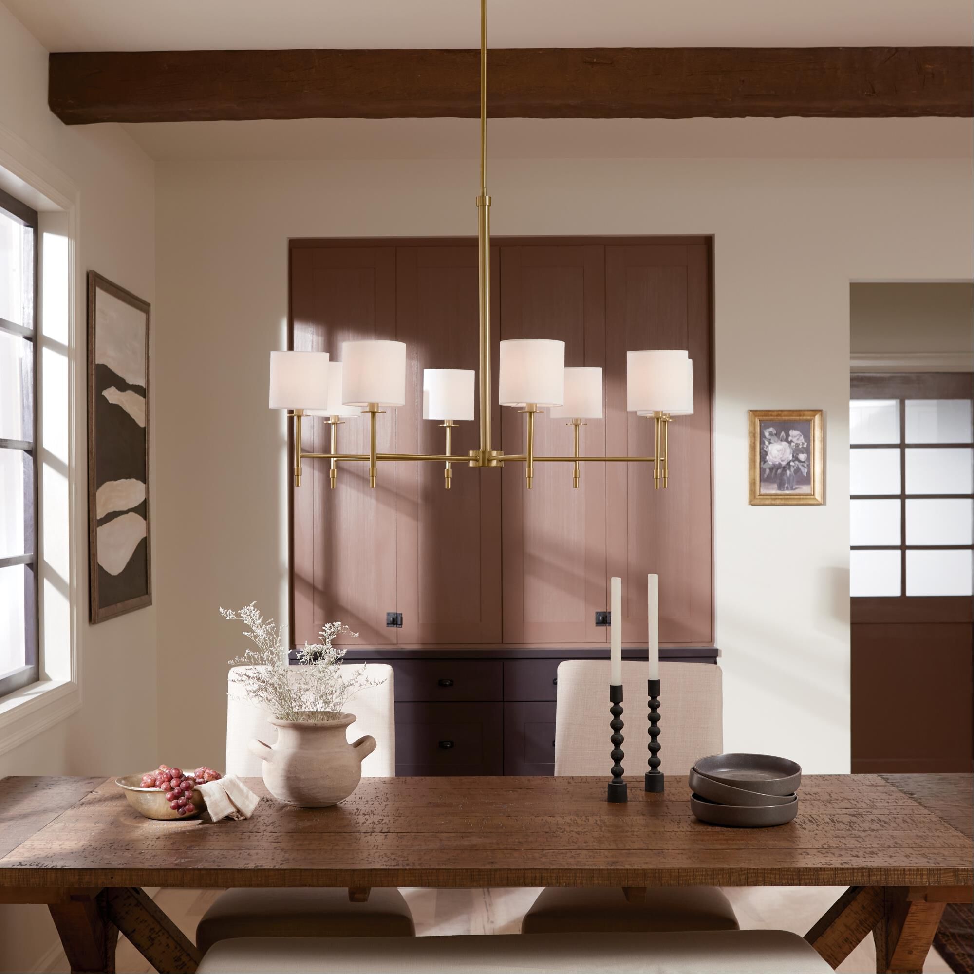 Shown in Brushed Natural Brass finish and Fabric and Drum shade