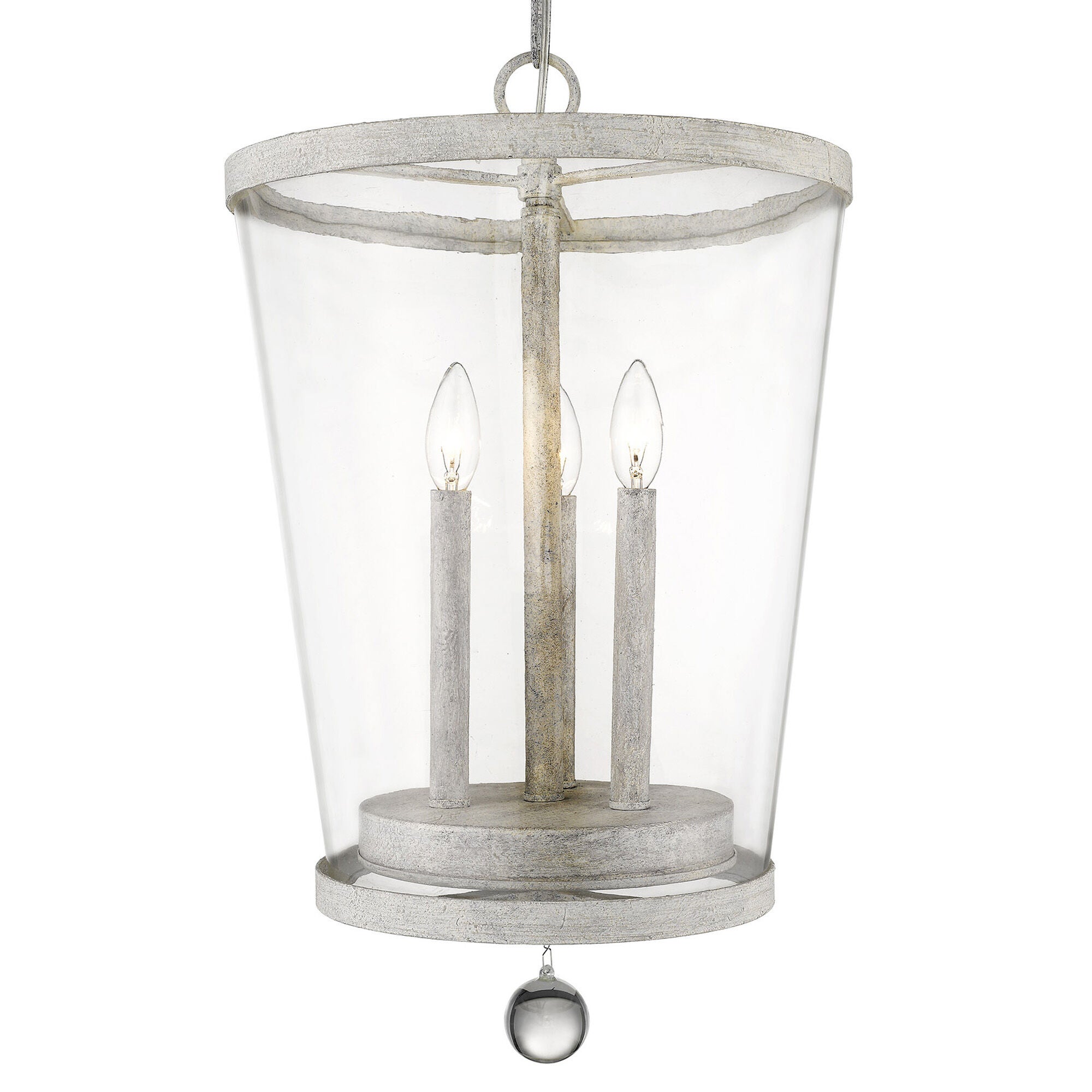 Shown in Country White finish and Clear glass and Clear, Tapered Drum Shaped Glass shade