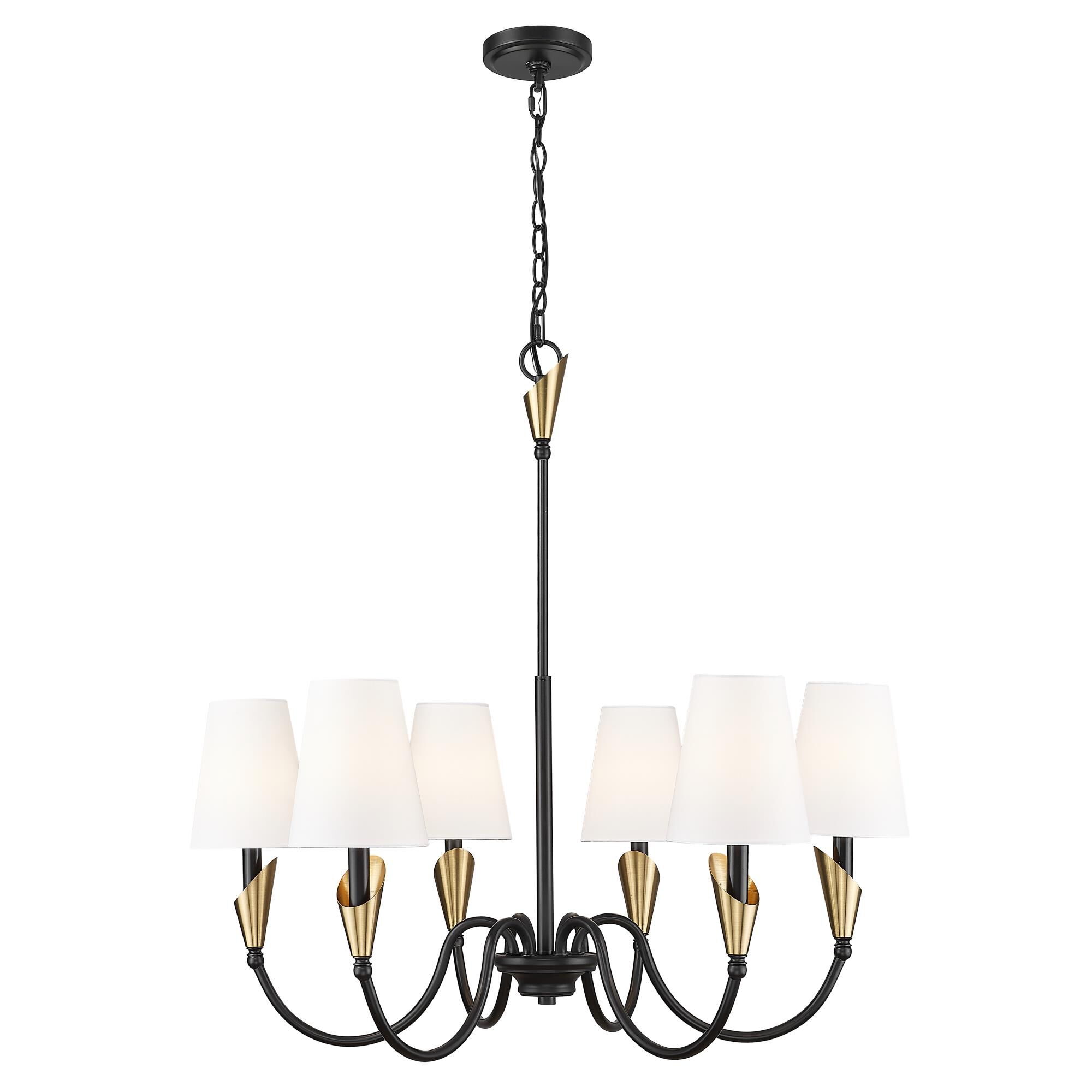 Shown in Matte Black And Modern Gold finish and White glass and White shade