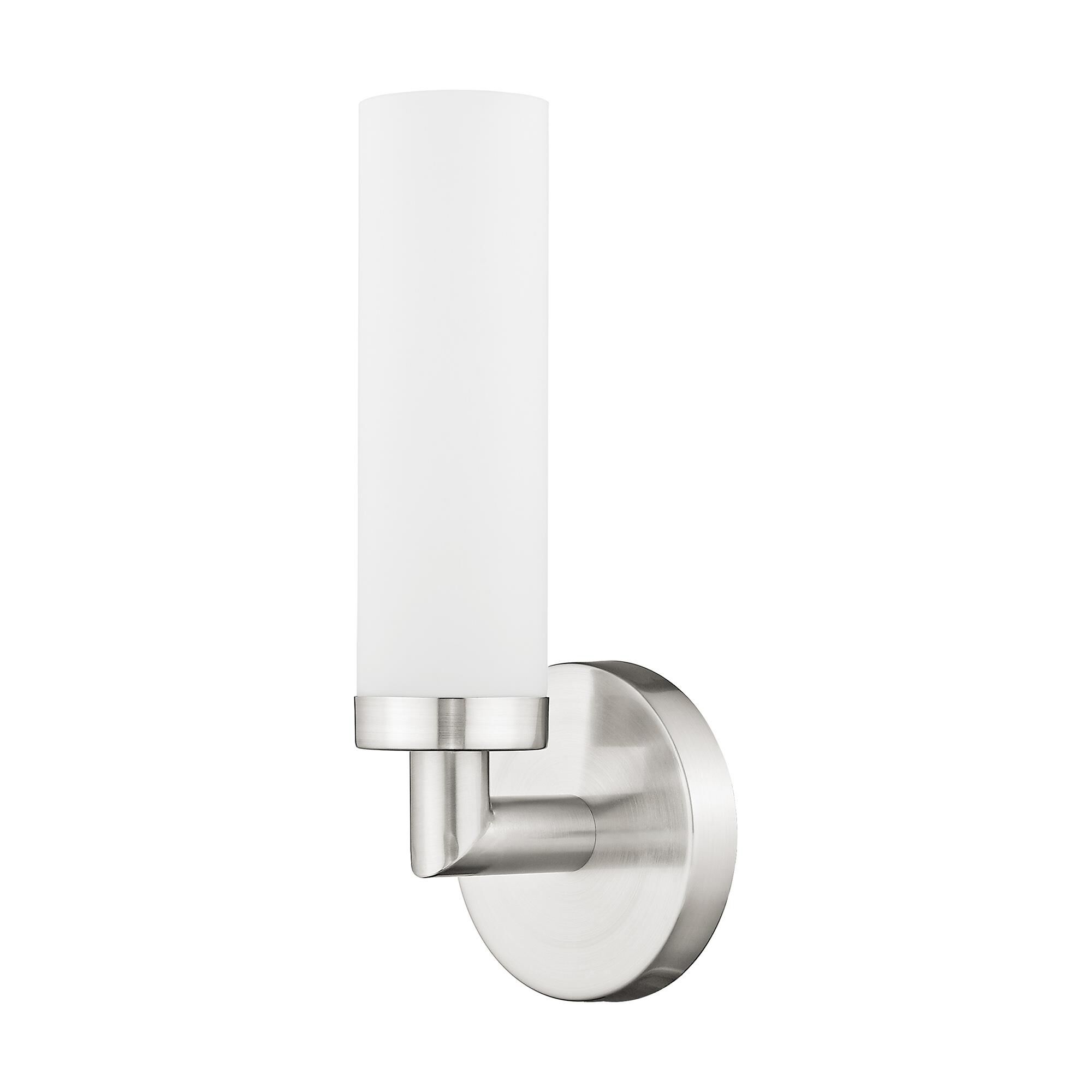 Shown in Brushed Nickel finish and Satin Opal White Hand Blown Twist Lock Cylinder glass