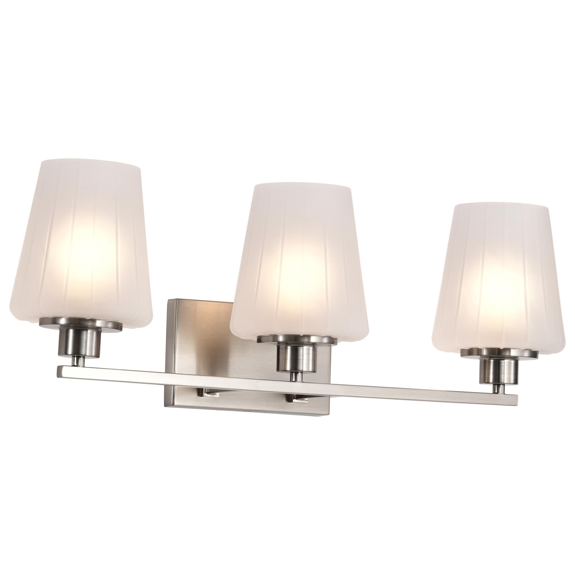 Shown in Brushed Nickel finish and Etched White glass