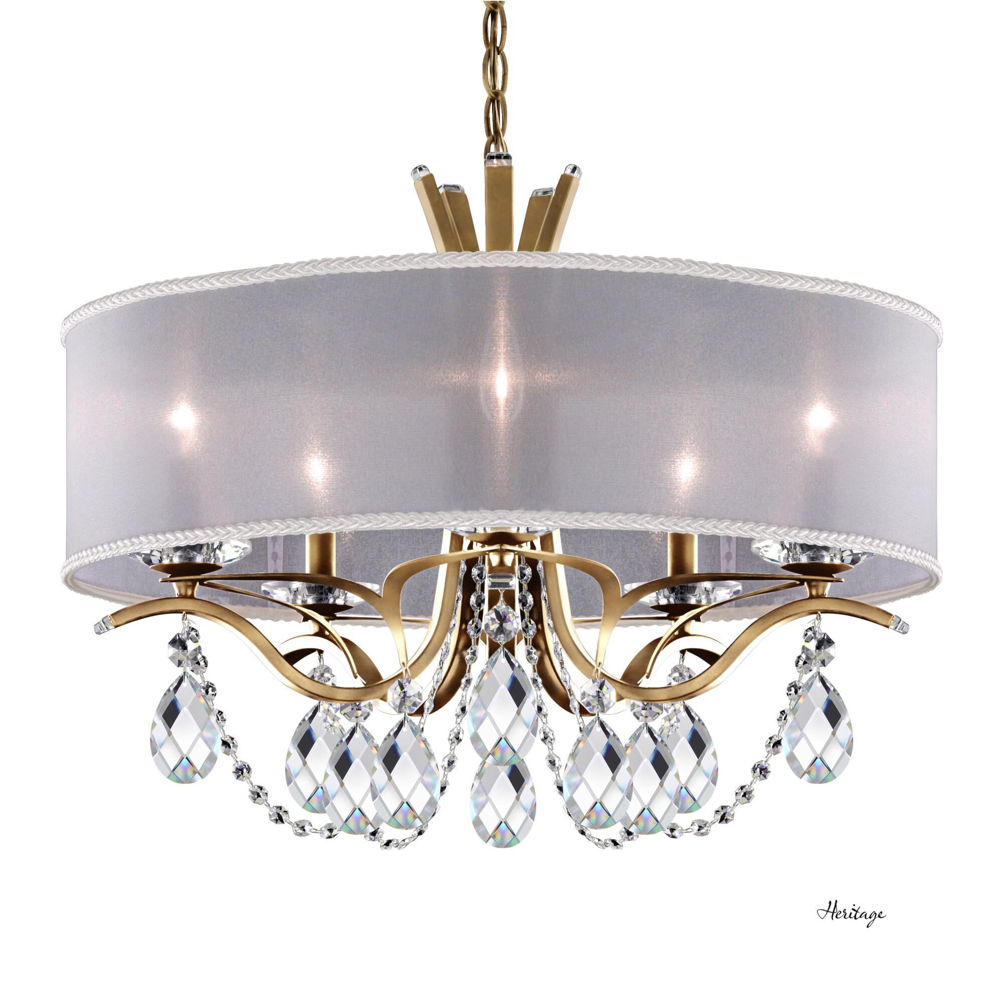 Shown in Heirloom Gold finish and Clear Heritage crystal and White Hardback shade