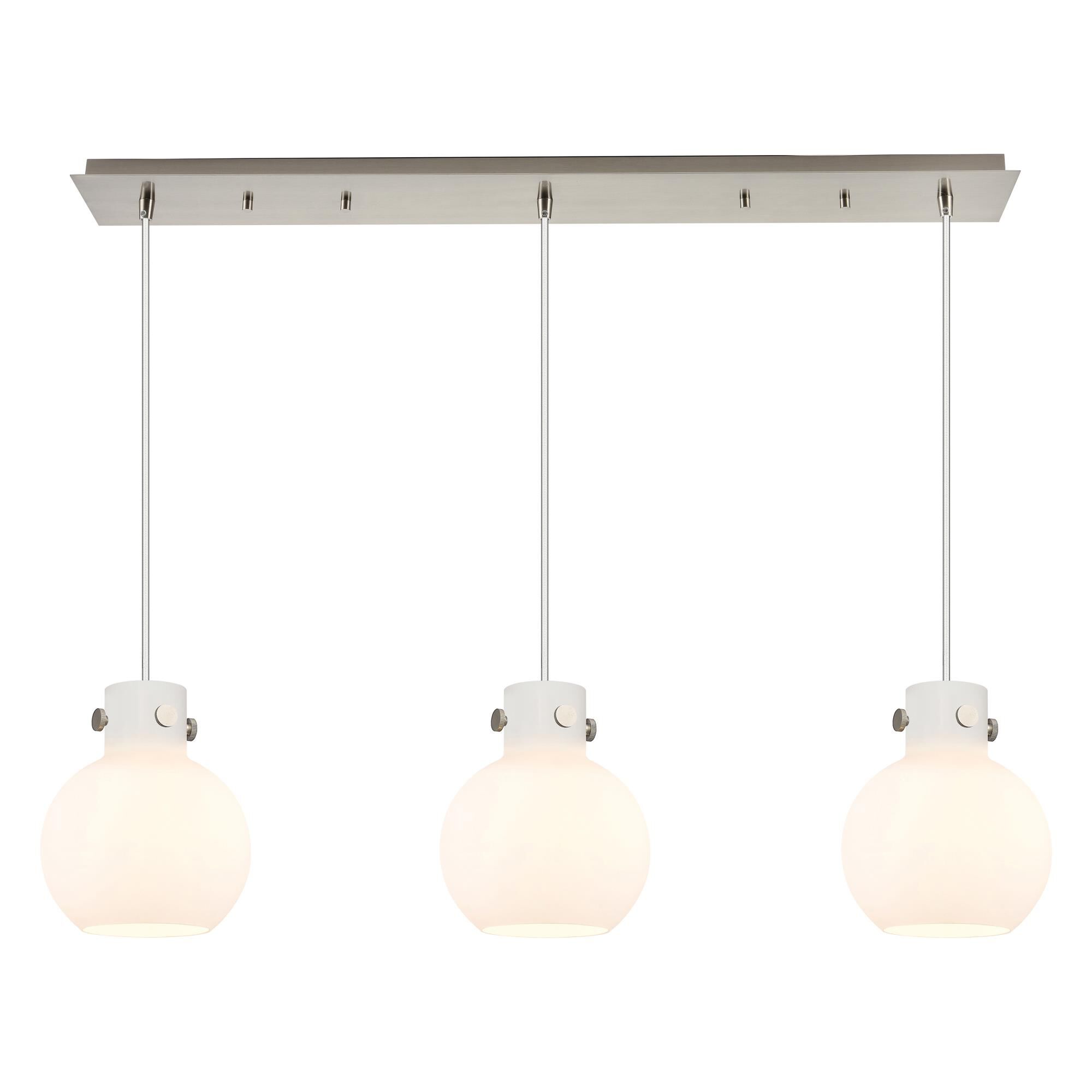 Shown in Brushed Satin Nickel finish and White glass and White Glass shade