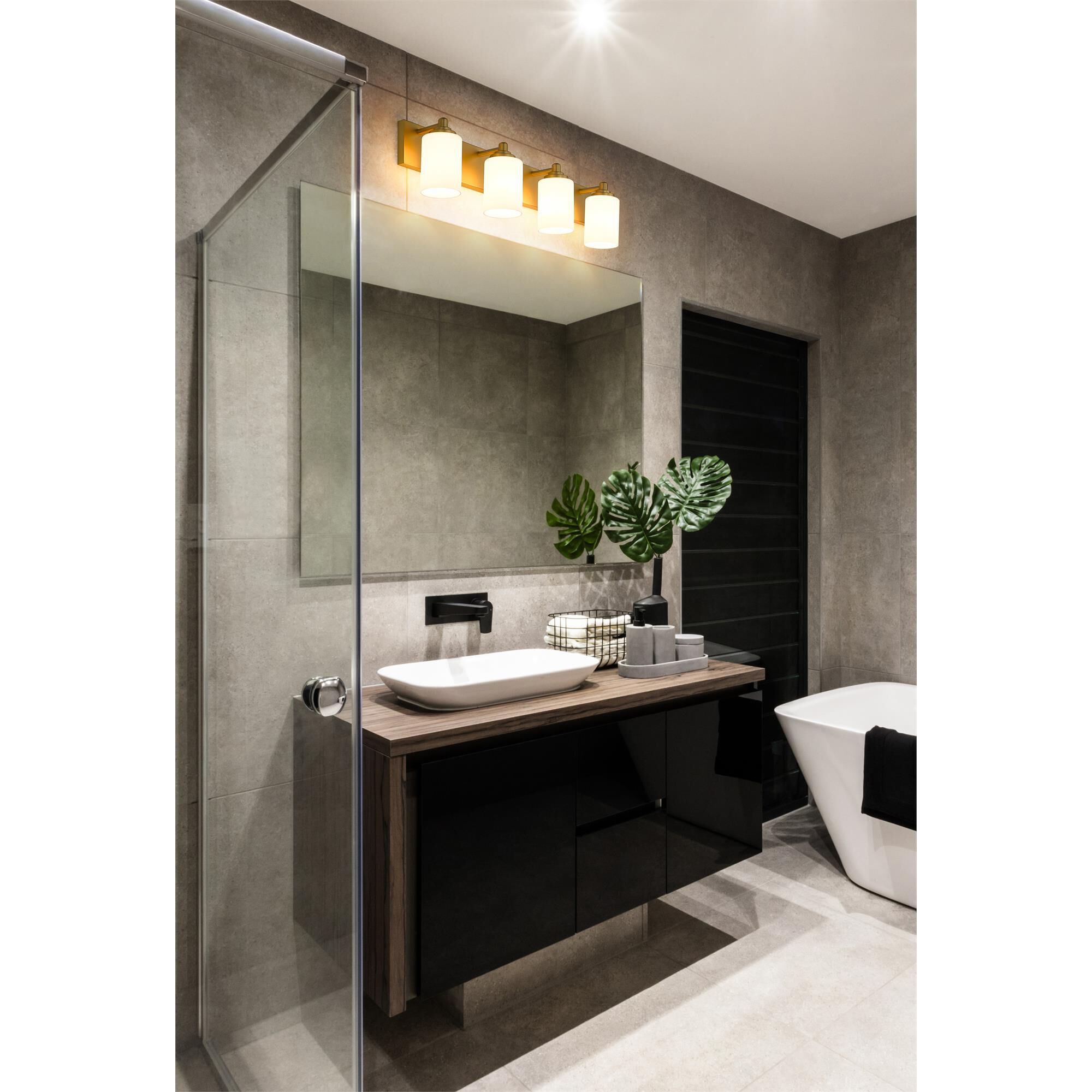 Shown in Brushed Gold finish and White glass
