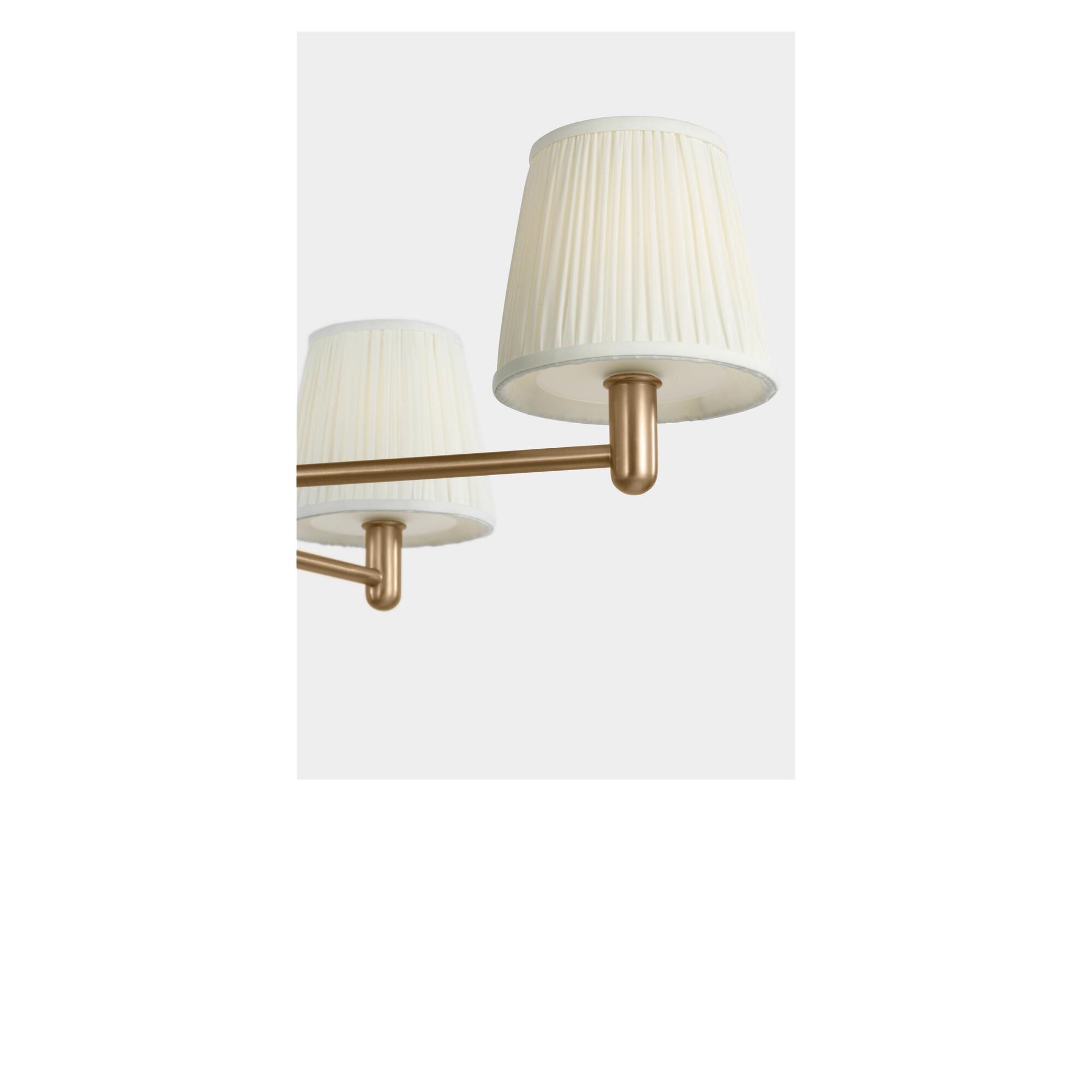 Shown in Satin Brass finish and Mushroom Pleat Fabric shade