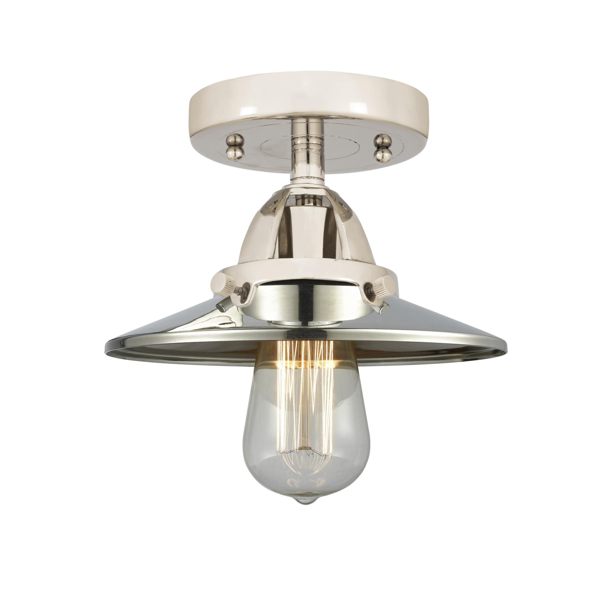 Shown in Polished Nickel finish and No Glass glass and Polished Nickel Railroad shade